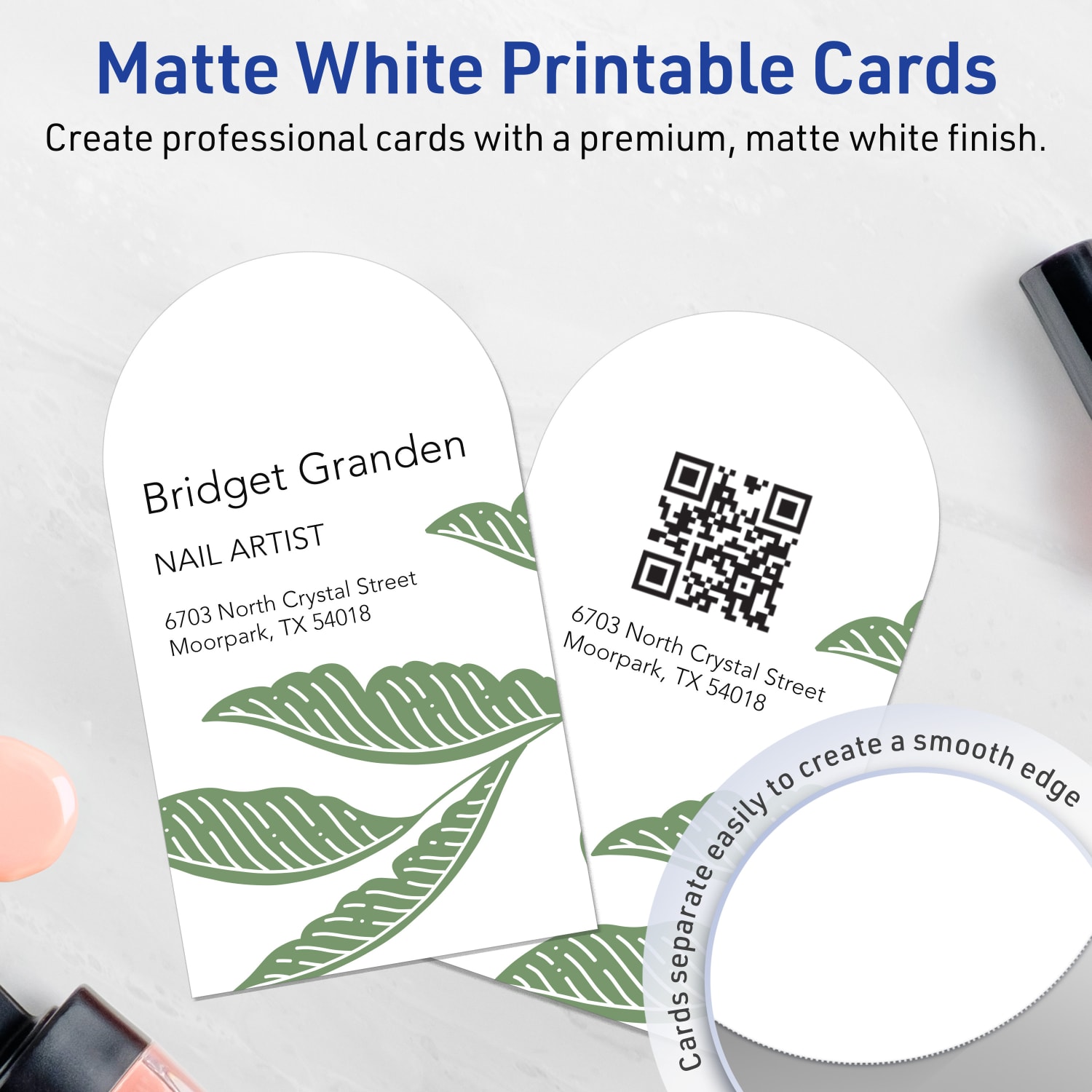 Avery Print-To-The-Edge Business Cards With Sure Feed Technology, 2inx3-1/2in Arched, Matte White, Pack Of 80 - Image 4