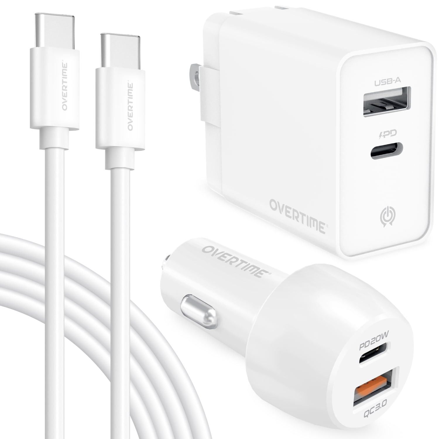 Overtime Wall And Car Charger Kit, 6ft, White, OHC6TC