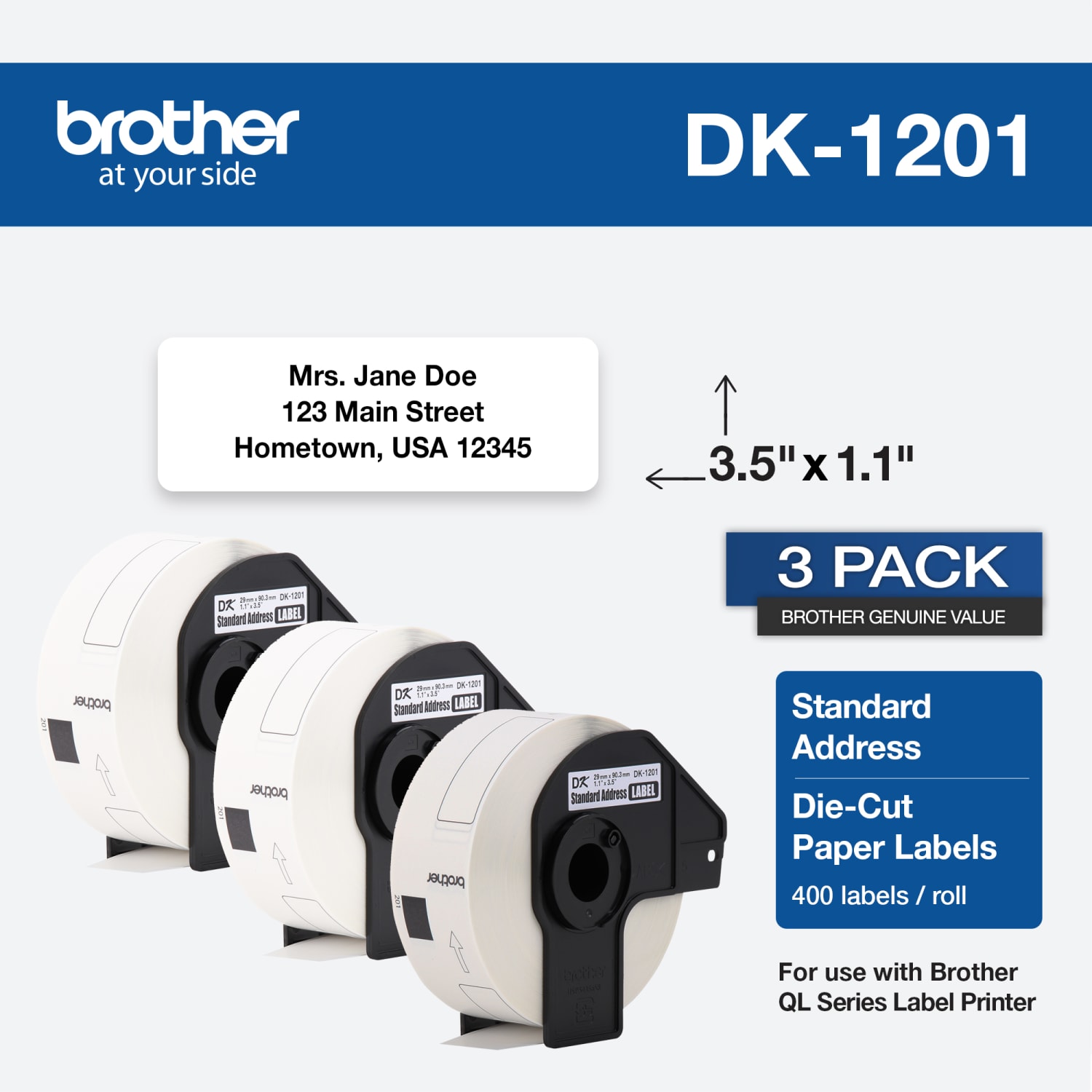 Brother Genuine DK-12013PK Die-Cut Standard Address Labels, 1-3/16in x 3-1/2in, White, 400 Labels Per Roll, Box Of 3 Rolls - Image 3