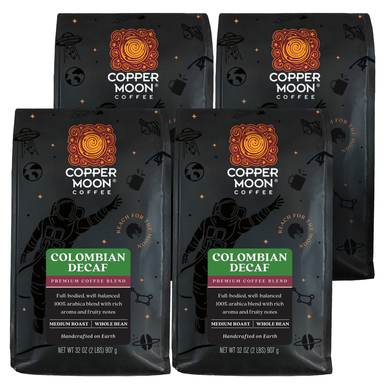 Copper Moon World Coffees Whole Bean Coffee, Medium Roast, Colombian Decaf, 4 Bags (2 lbs Each)