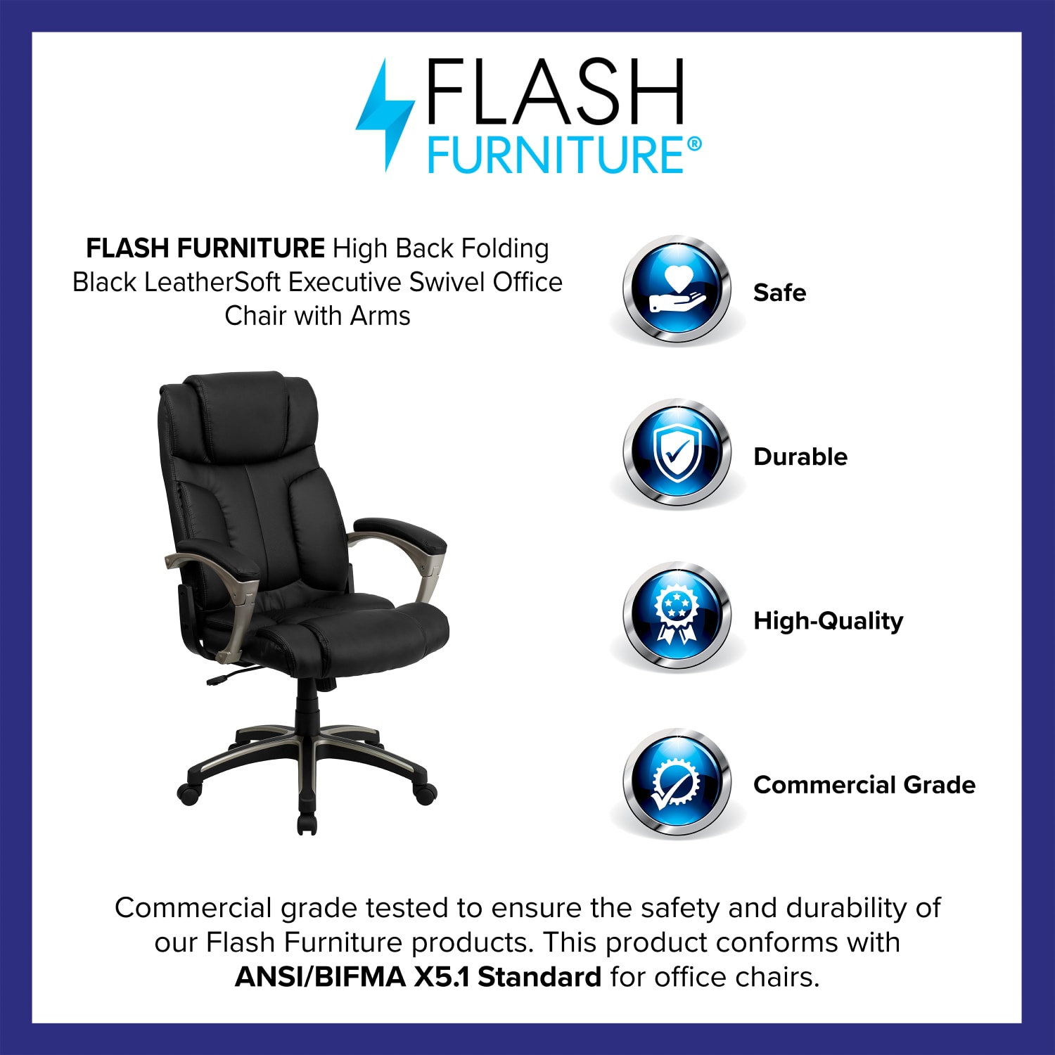 Flash Furniture Ergonomic LeatherSoft High-Back Folding Executive Office Chair With Arms, Black - Image 5