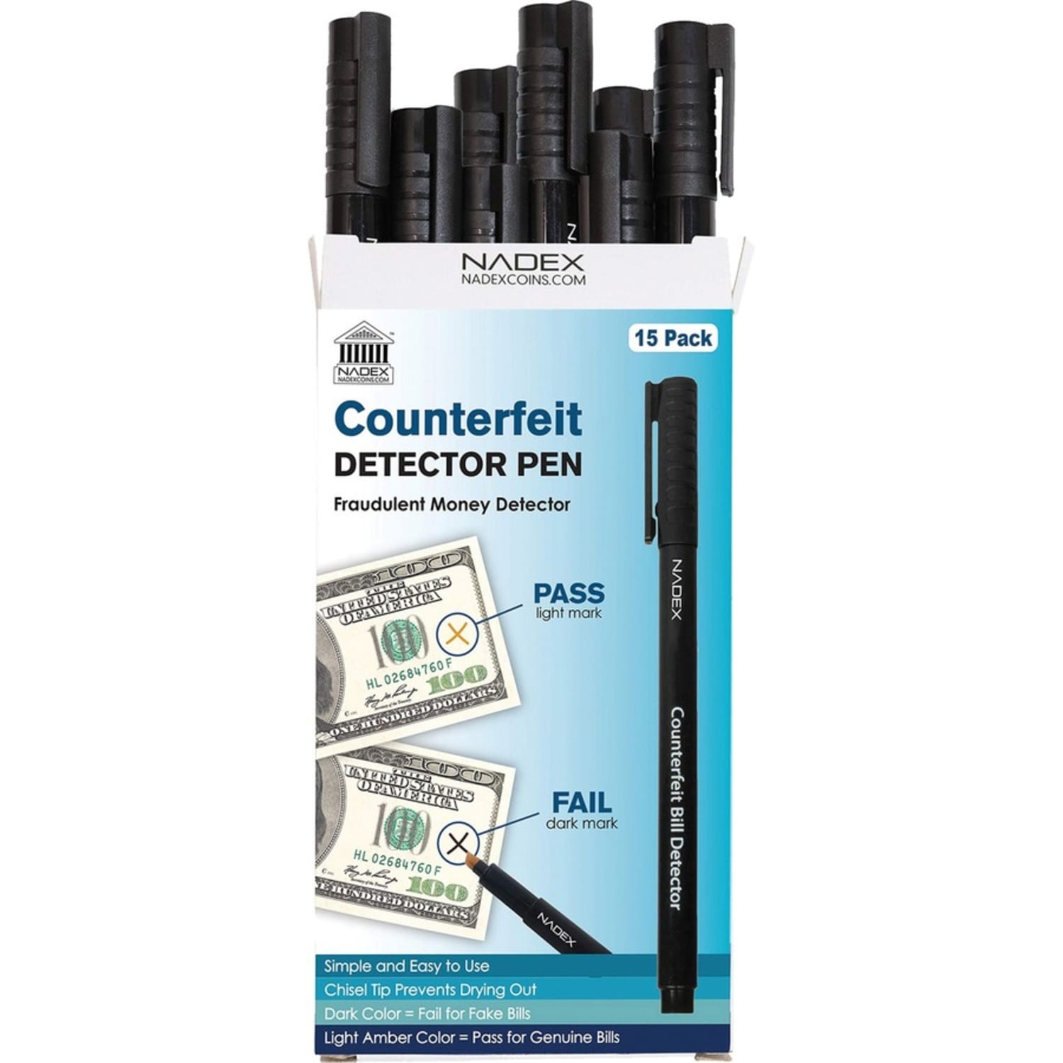 Nadex Coins Counterfeit Pen, 15 Pack - Iodine-based Solution - Black - 15 / Pack - Image 3