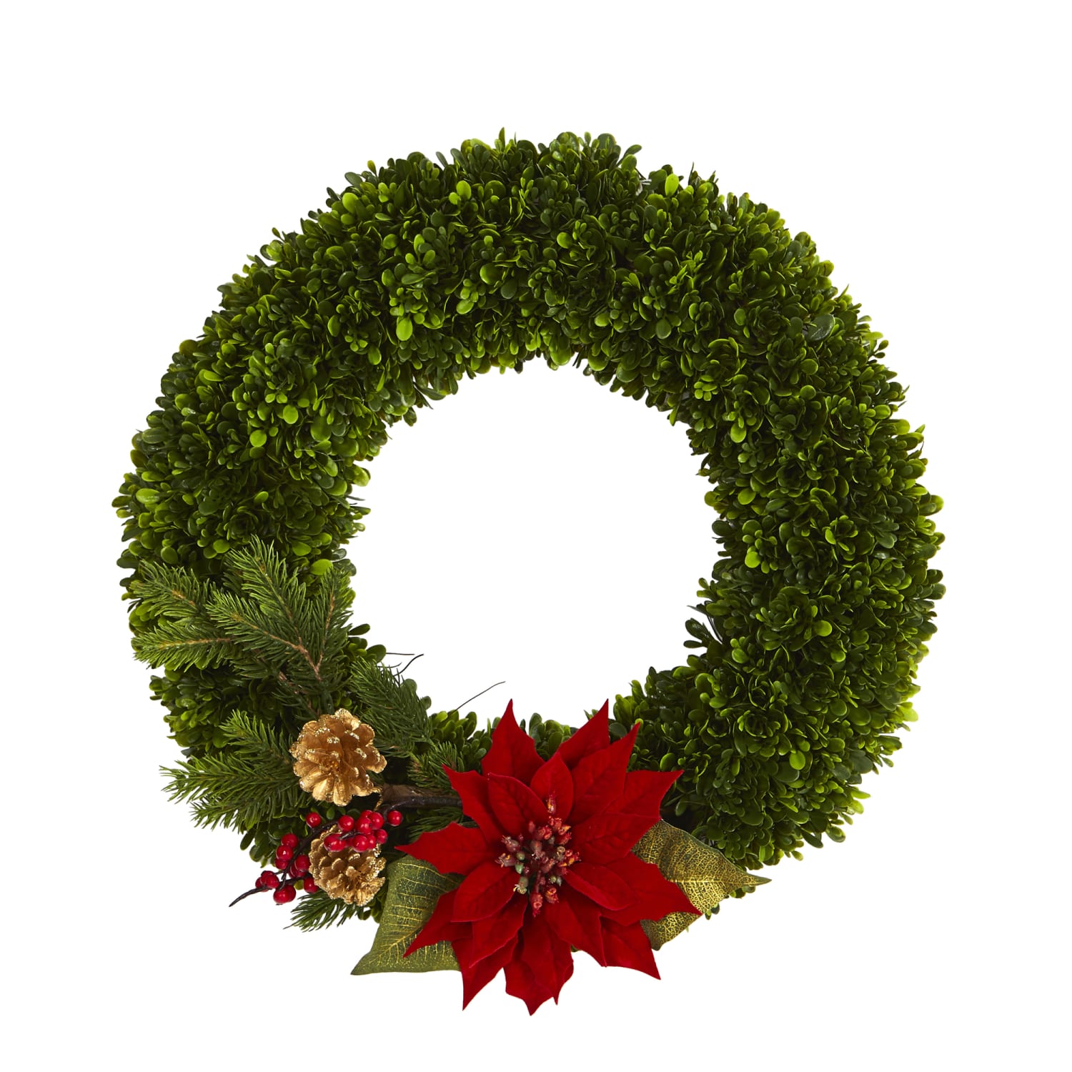 Nearly Natural Tea Leaf, Poinsettia And Pine Artificial Wreath, 18in x 4in, Green