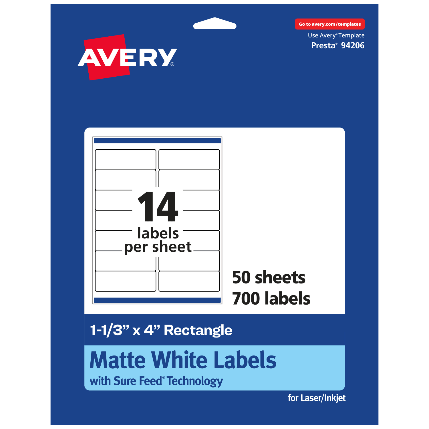 Avery Permanent Labels With Sure Feed, 94206-WMP50, Rectangle, 1-1/3in x 4in, White, Pack Of 700