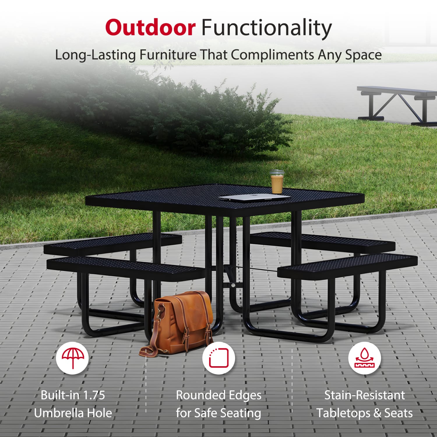 Leisure Craft Square Outdoor Picnic Table, 29-1/4inH x 80inW x 80inD, Black - Image 4