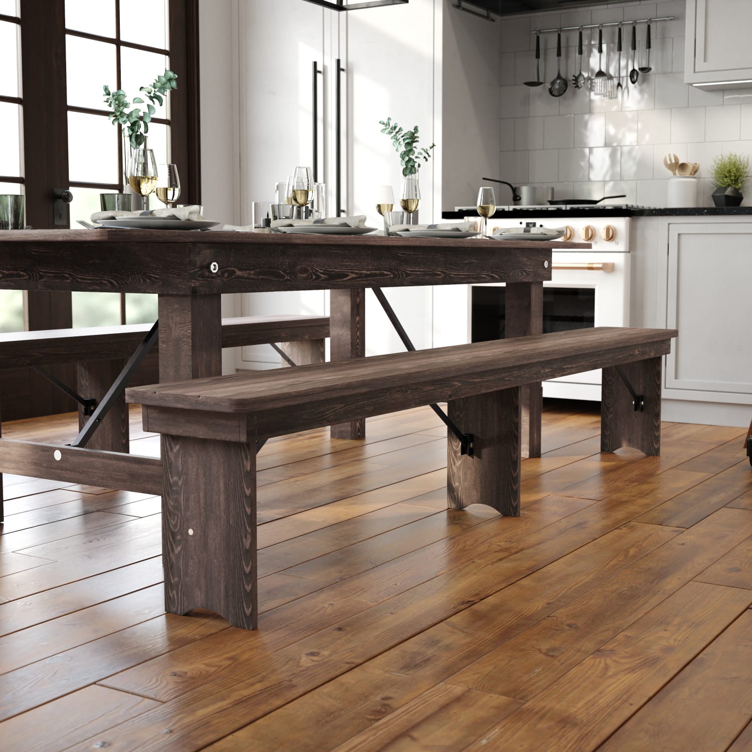 Flash Furniture HERCULES Series Folding Farm Bench 17 34inH x 12inW x 96inD Mahogany PopularChairscom