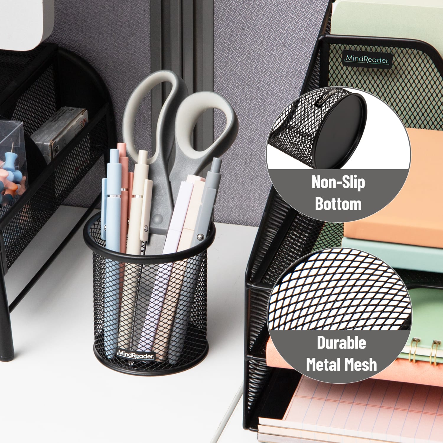 Mind Reader Pen and Accessories Holder 3-3/4inH x 3-1/2inW x 3-1/2inD, Black, Pack Of 3 Paper Clip Holders - Image 5