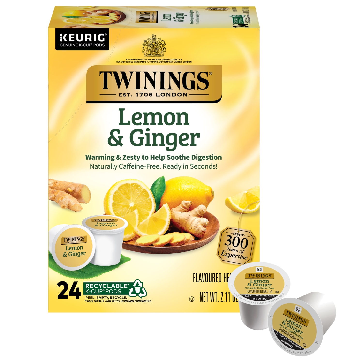 Twinings Lemon & Ginger Herbal Tea, Keurig K-Cup Pods, 2.8 Oz, 24/Box