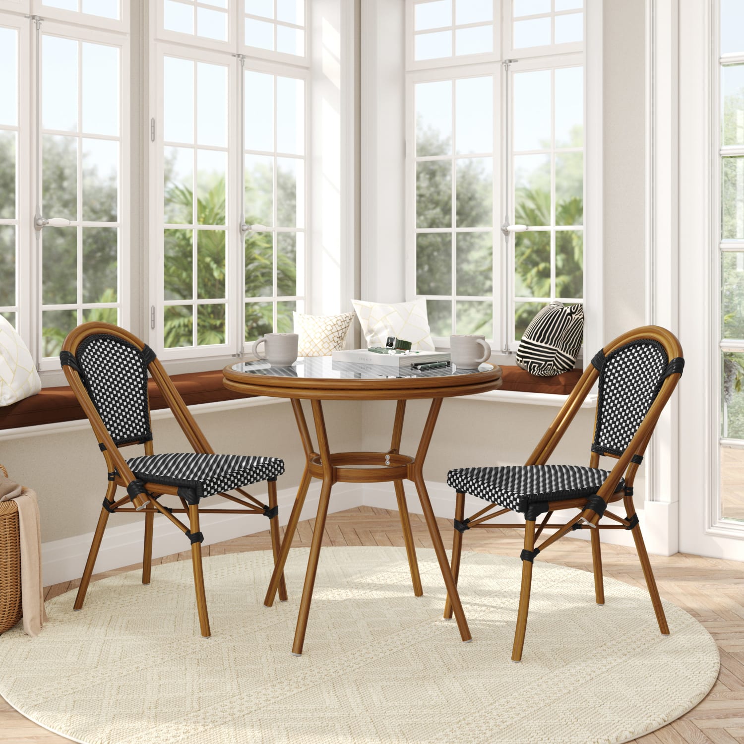 Flash Furniture Bordeaux Indoor/Outdoor Commercial Bistro 31.5in Table, PE Rattan, Glass Top with 2 Stack Chairs, Black & White Rattan/Natural Frame - Image 3