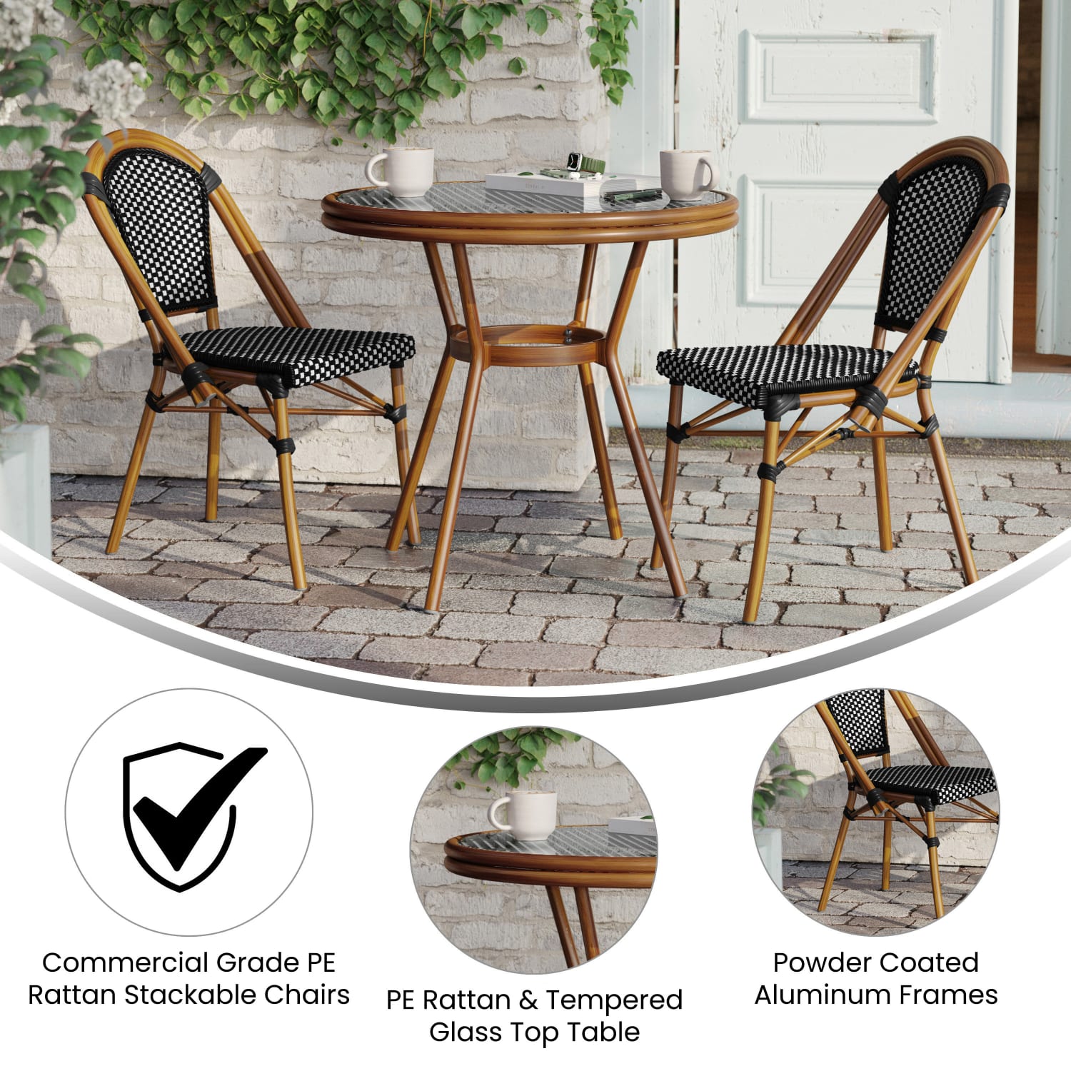 Flash Furniture Bordeaux Indoor/Outdoor Commercial Bistro 31.5in Table, PE Rattan, Glass Top with 2 Stack Chairs, Black & White Rattan/Natural Frame - Image 4