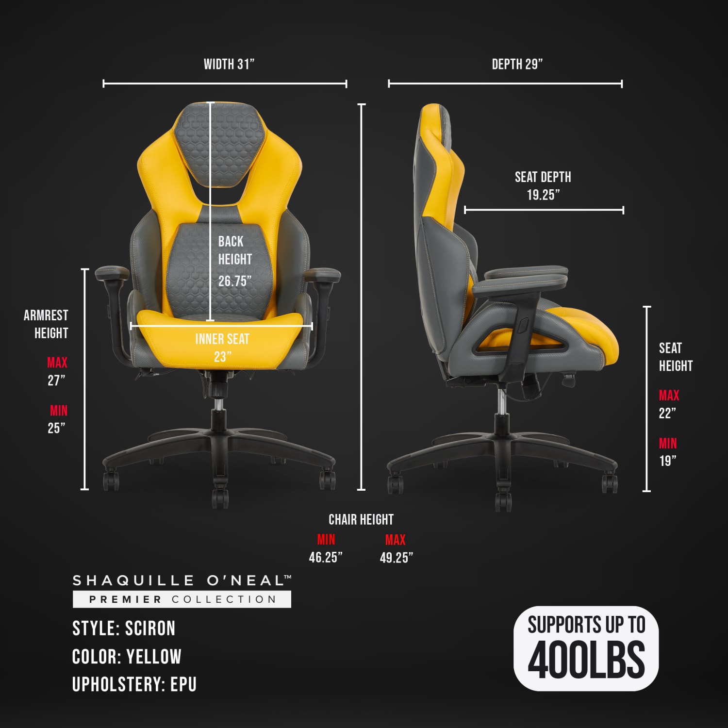 Shaquille ONeal Sciron Big  Tall Ergonomic High Back Vegan Leather Executive Gaming Office Chair GrayYellow PopularChairscom