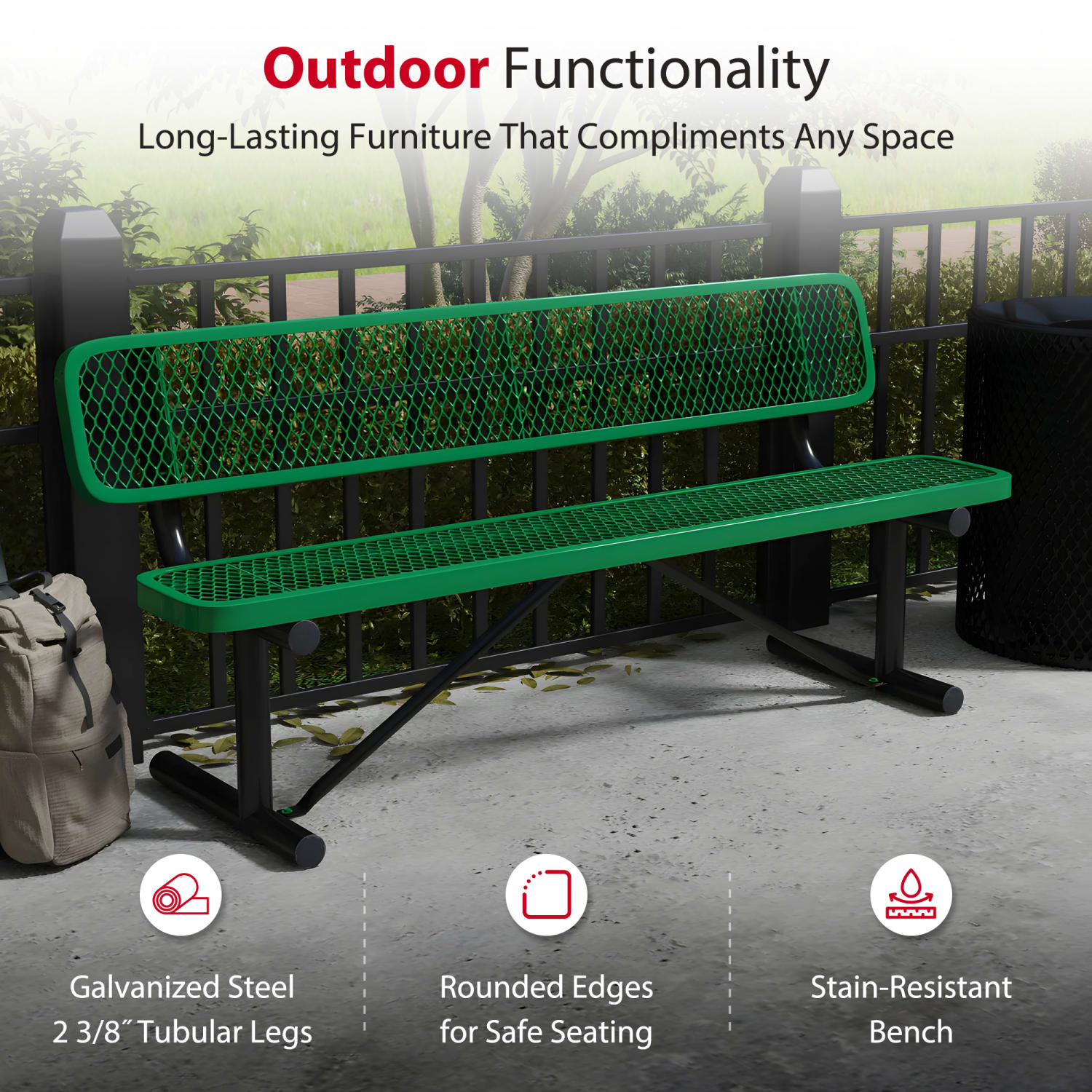 Leisure Craft Outdoor Bench With Back, 32-5/8inH x 72inW x 23-3/4inD, Black/Green - Image 4