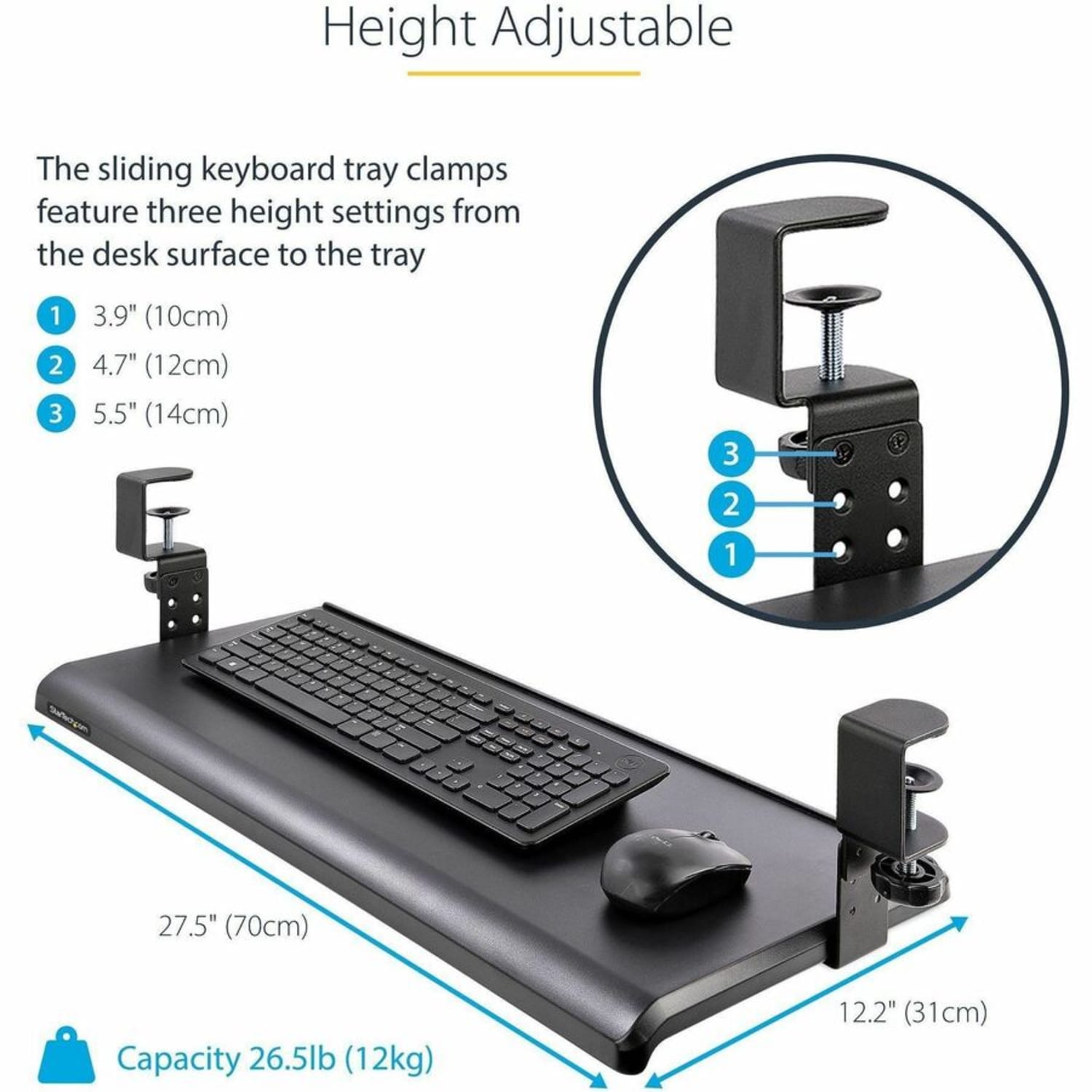 StarTech.com Under Desk Keyboard Tray, Clamp on Keyboard Holder, Up to 12kg/26.5lb, Adjustable, Ergonomic Sliding Keyboard Drawer - Image 3