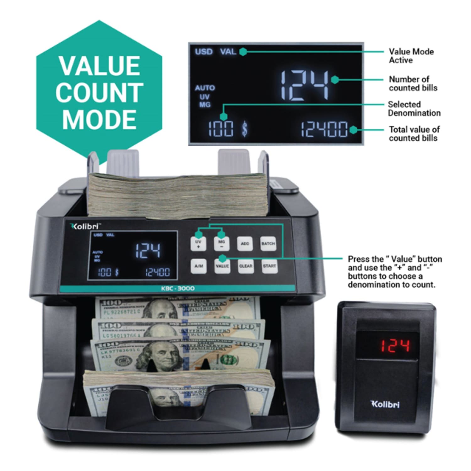 Kolibri KBC-3000 Top-Loading Bill Counter With Advanced Counterfeit Detection, 10-1/8inH x 10-1/4inW x 11-1/8inD - Image 6