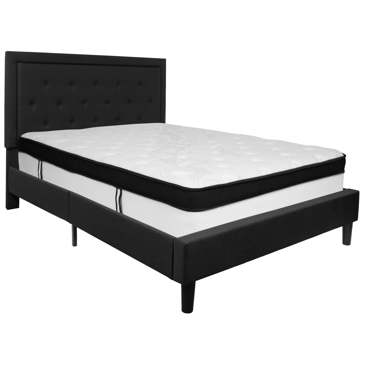Flash Furniture Roxbury Panel Tufted Upholstered Platform Bed and Memory Foam Pocket Spring Mattress, Queen, 50-3/4inH x 65-3/4inW x 85-3/4inL, Black - Image 3