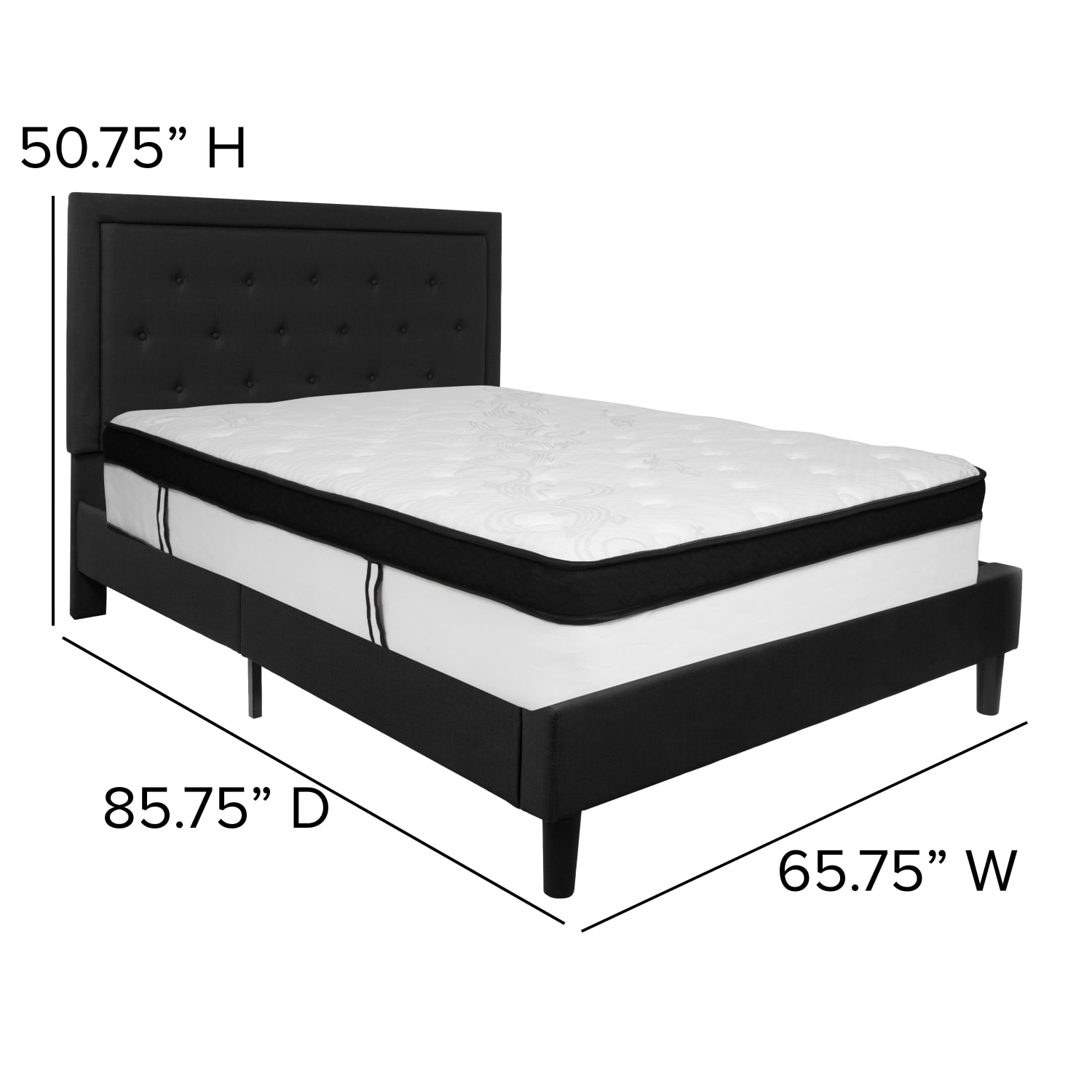 Flash Furniture Roxbury Panel Tufted Upholstered Platform Bed and Memory Foam Pocket Spring Mattress, Queen, 50-3/4inH x 65-3/4inW x 85-3/4inL, Black - Image 5