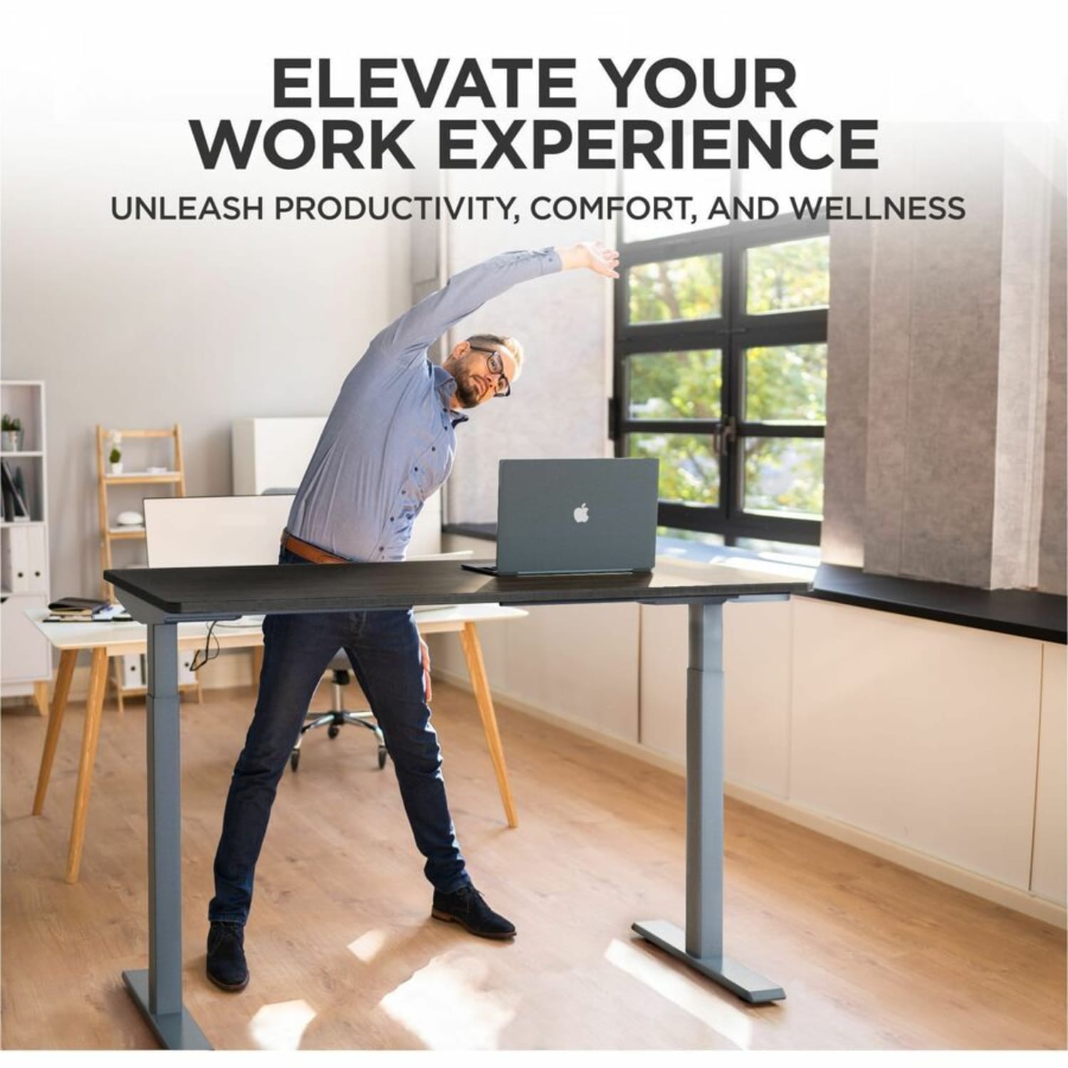 Rise Up Electric Standing Desk 48x30in Black Desktop Dual Motors Adjustable Height Gray Frame (26-51.6in) with memory - Upgrade to a truly ergonomic, motorized sit stand up office desk featuring premium motors - one touch adjusting - memory - Image 4
