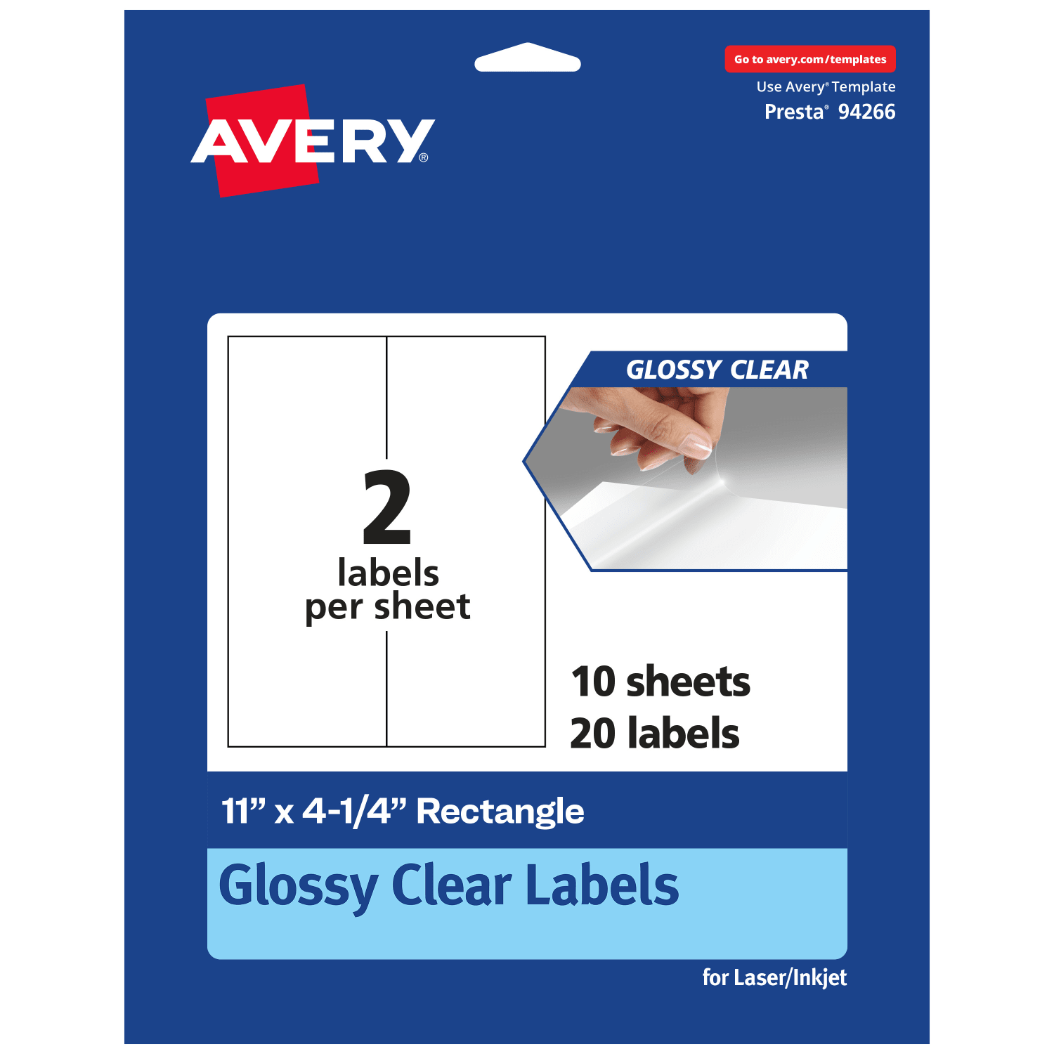 Avery Glossy Permanent Labels, 94266-CGF10, Rectangle, 11in x 4-1/4in, Clear, Pack Of 20