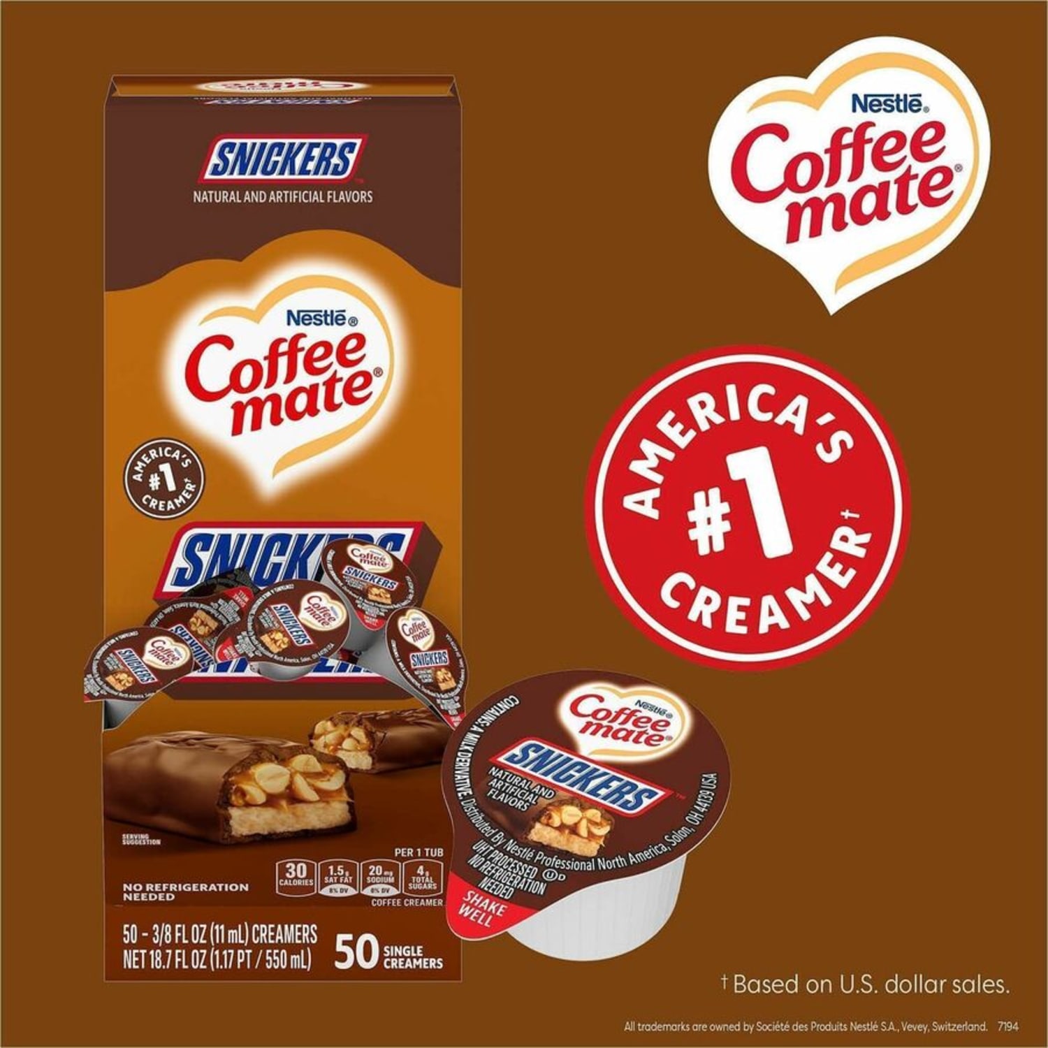 Coffee-Mate Liquid Coffee Creamer Tub Singles, 0.38 Oz, Snickers Flavor, Pack Of 50 Singles - Image 5