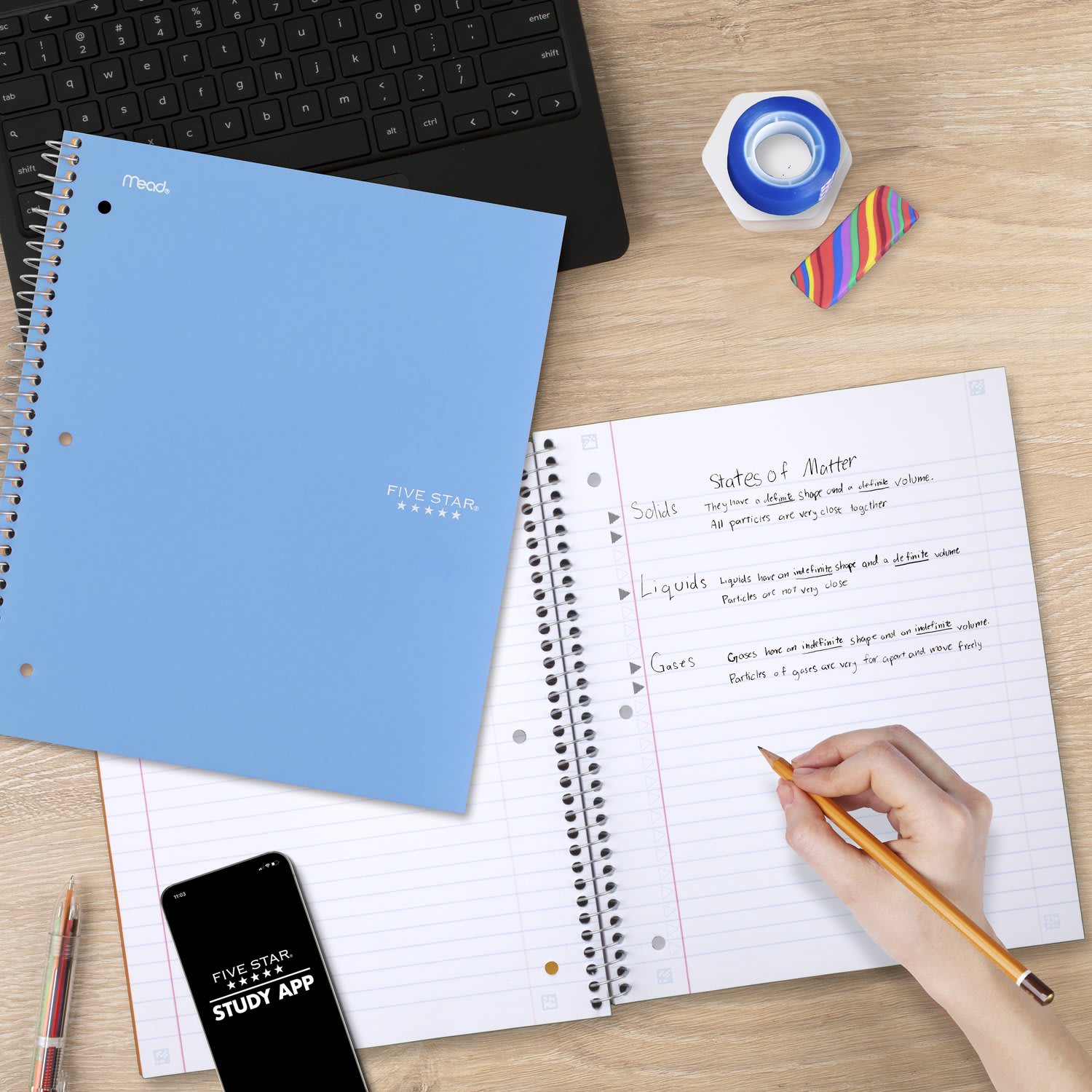 Five Star Wirebound Notebook, 8in x 10-1/2in, 3 Subject, Wide Ruled, 150 Sheets, Tidewater Blue - Image 4