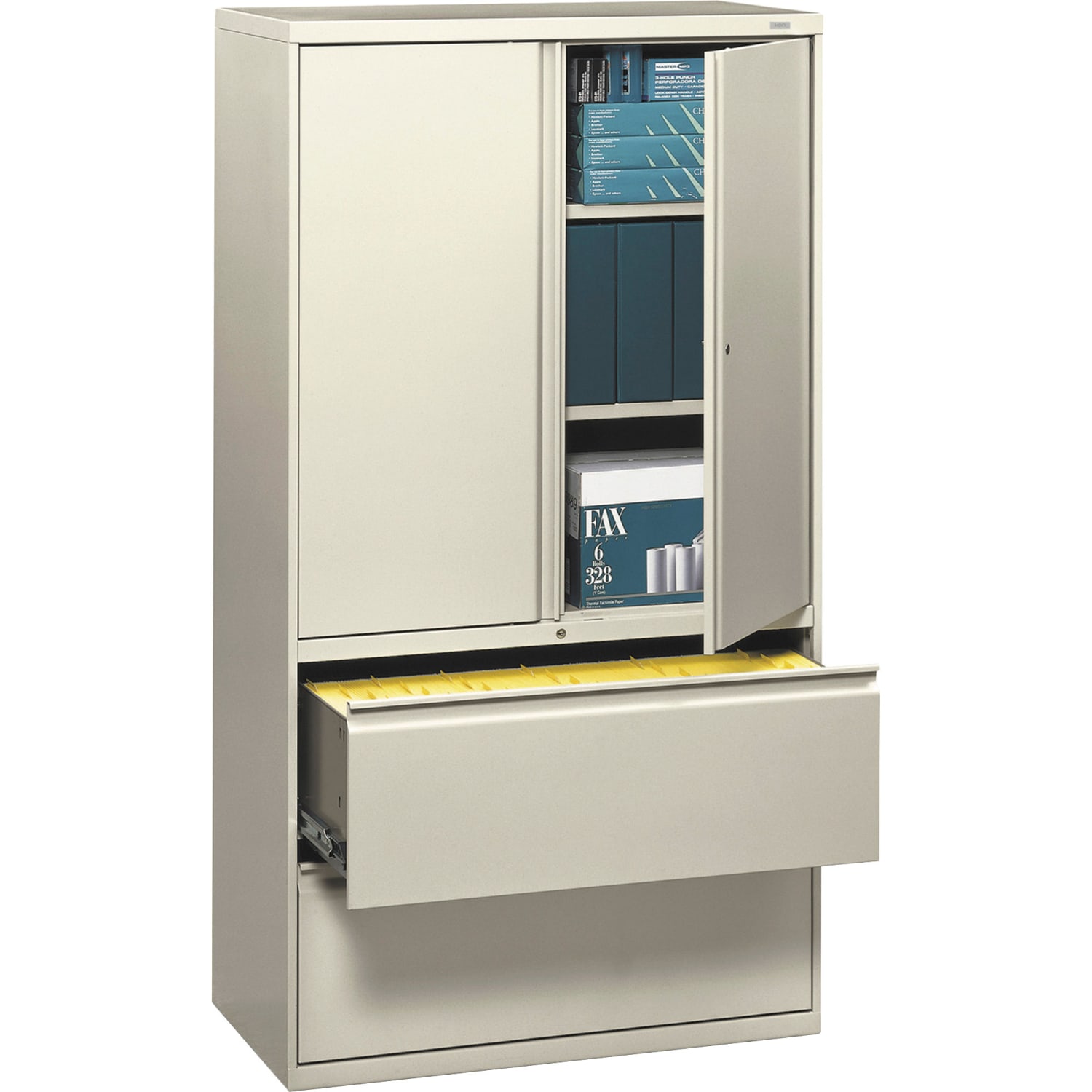 HON 800 Series Storage Cabinet With Lateral File, 36in Wide, Putty - Image 3