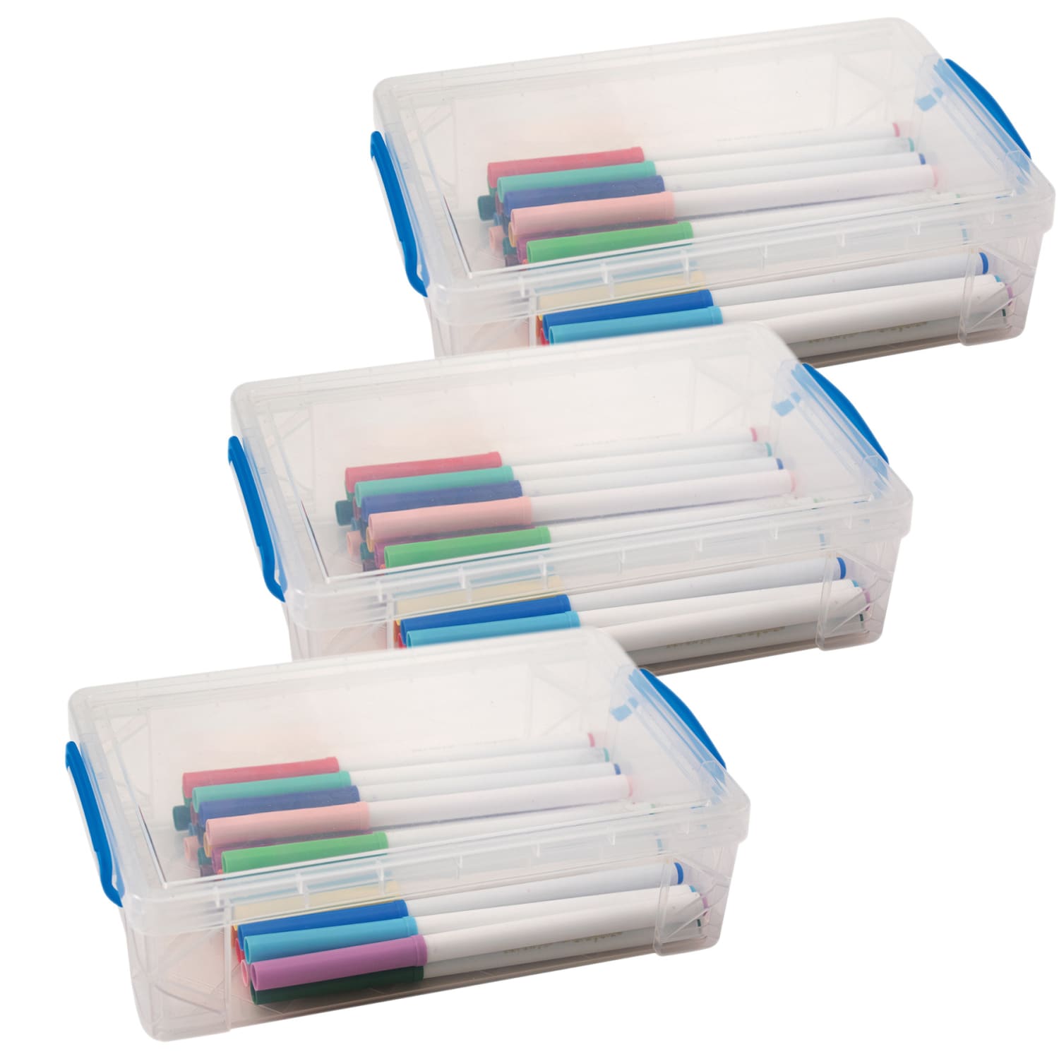Super Stacker Large Pencil Boxes, 2-11/16inH x 5-1/2inW x 10inD, Clear, Pack Of 3 Pencil Boxes