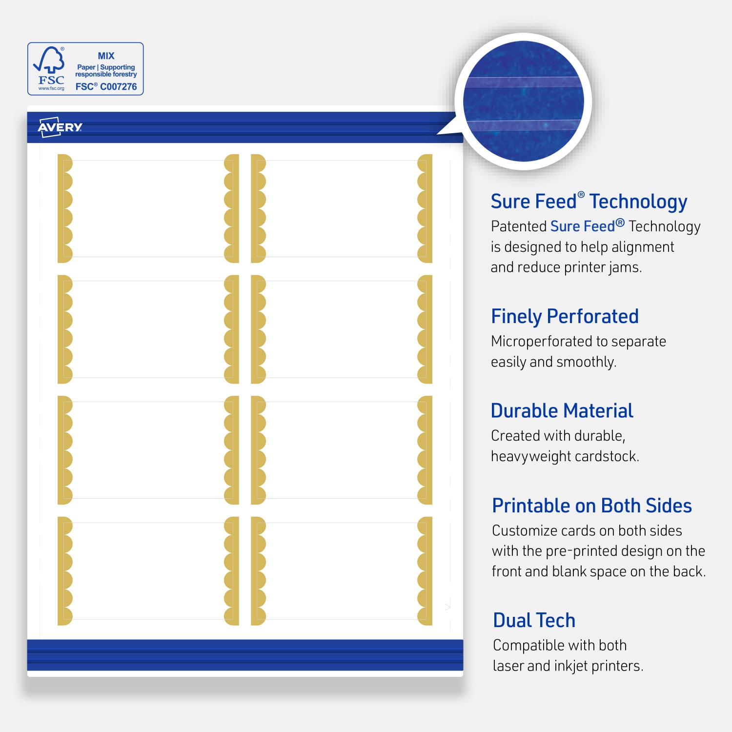 Avery Printable Cards With Sure Feed Technology, 2in x 3-1/2in, Matte White With Preprinted Gold Dots Edge, Pack Of 80 - Image 5