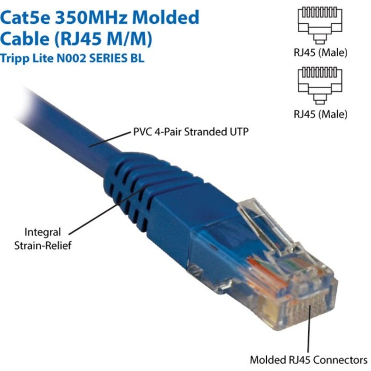 Eaton Tripp Lite Series Cat5e 350 MHz Molded (UTP) Ethernet Cable (RJ45 M/M), PoE - Blue, 3 ft. (0.91 m) - N002003BL - Image 3