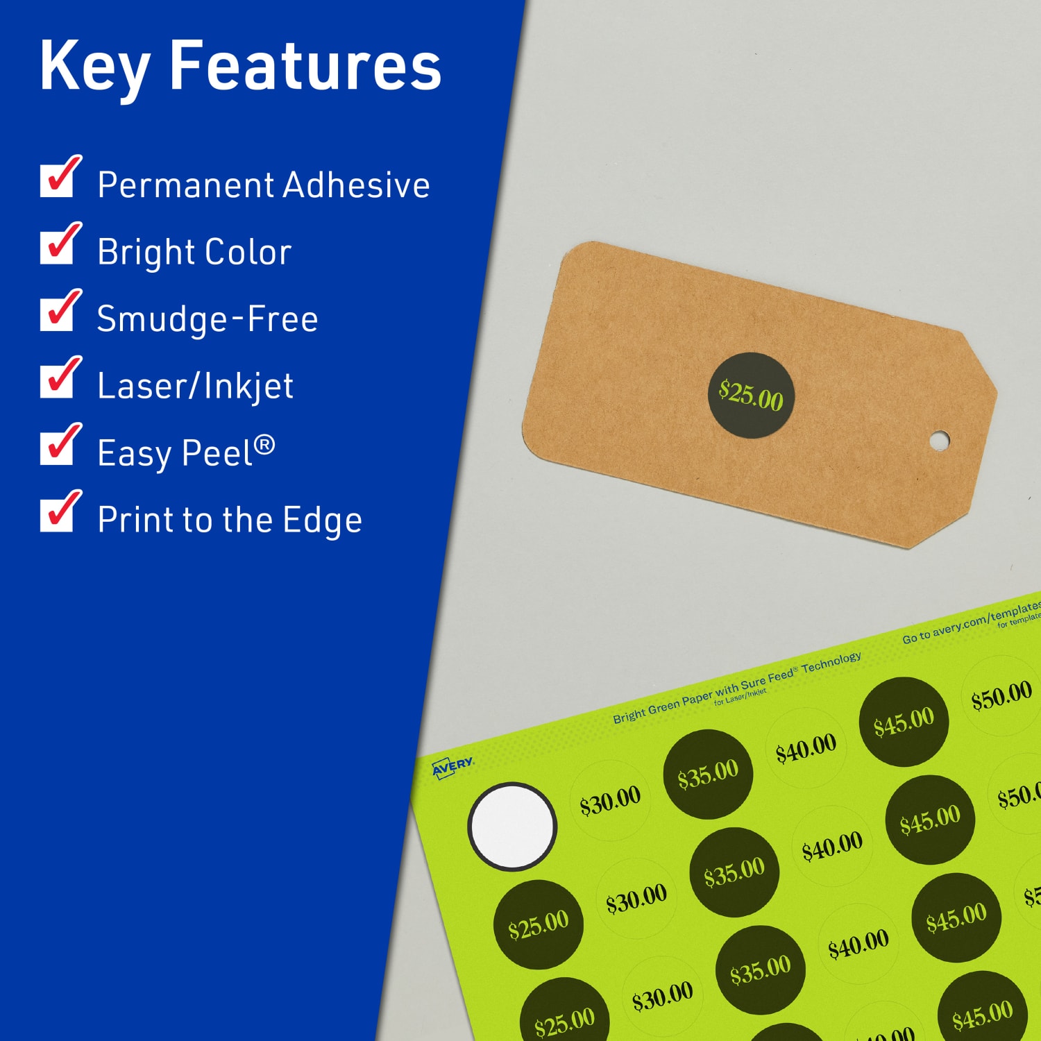 Avery Print-To-The-Edge Labels With Sure Feed Technology And Easy Peel Label Feature, 94505-BGP80, Round, 1-1/4in, Matte Bright Green, Pack of 2400 - Image 3