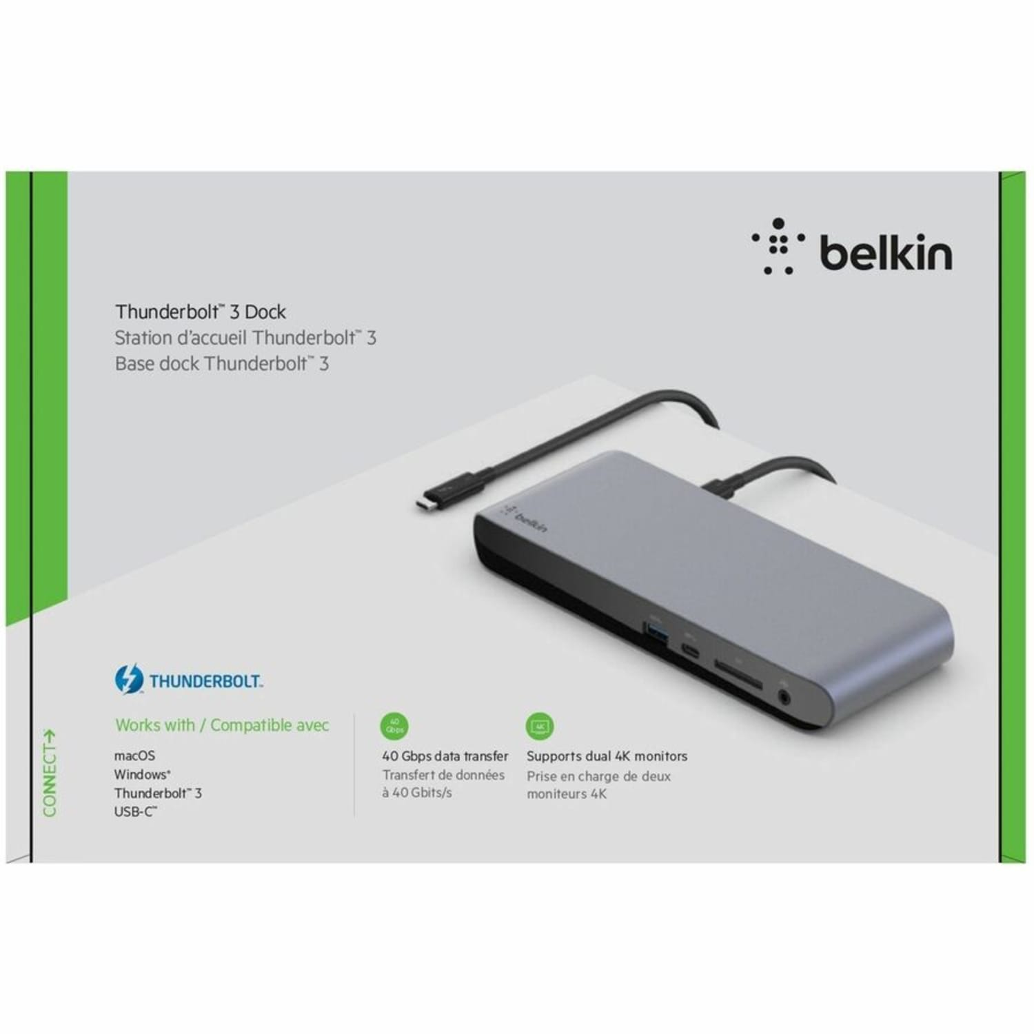 Belkin Thunderbolt 3 Dock Pro USB C Laptop Docking station MacOS & Windows, Dual 4K @60Hz - for Notebook - 170 W - Thunderbolt 3 - 6 x USB Ports - 4 x USB 3.0 - Network (RJ-45) - DisplayPort - Audio Line Out - Thunderbolt - Wired - Image 3