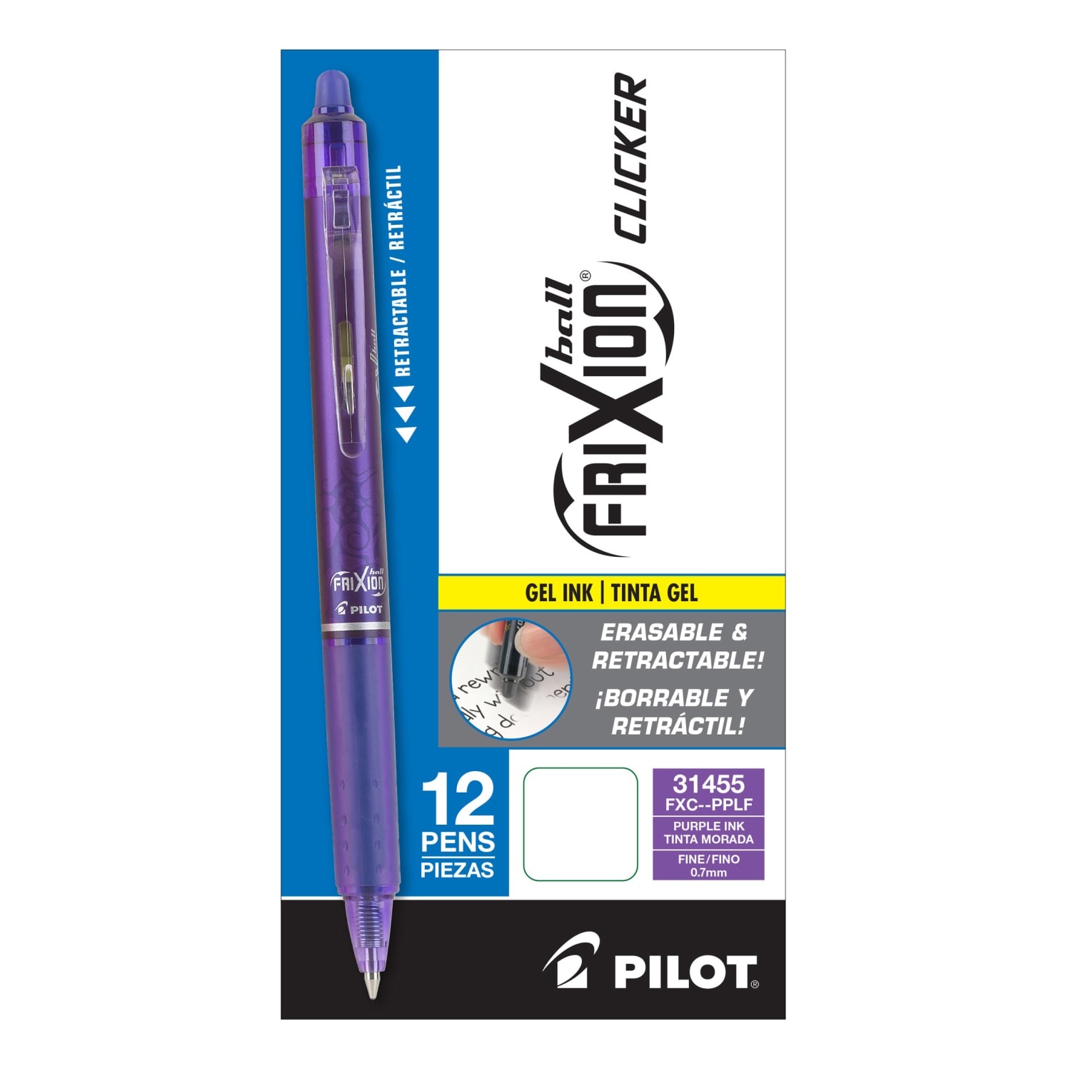 Pilot FriXion Ball Clicker Erasable Retractable Gel Pens, Pack of 12, Fine Point, 0.7 mm, Purple Barrel, Purple Ink