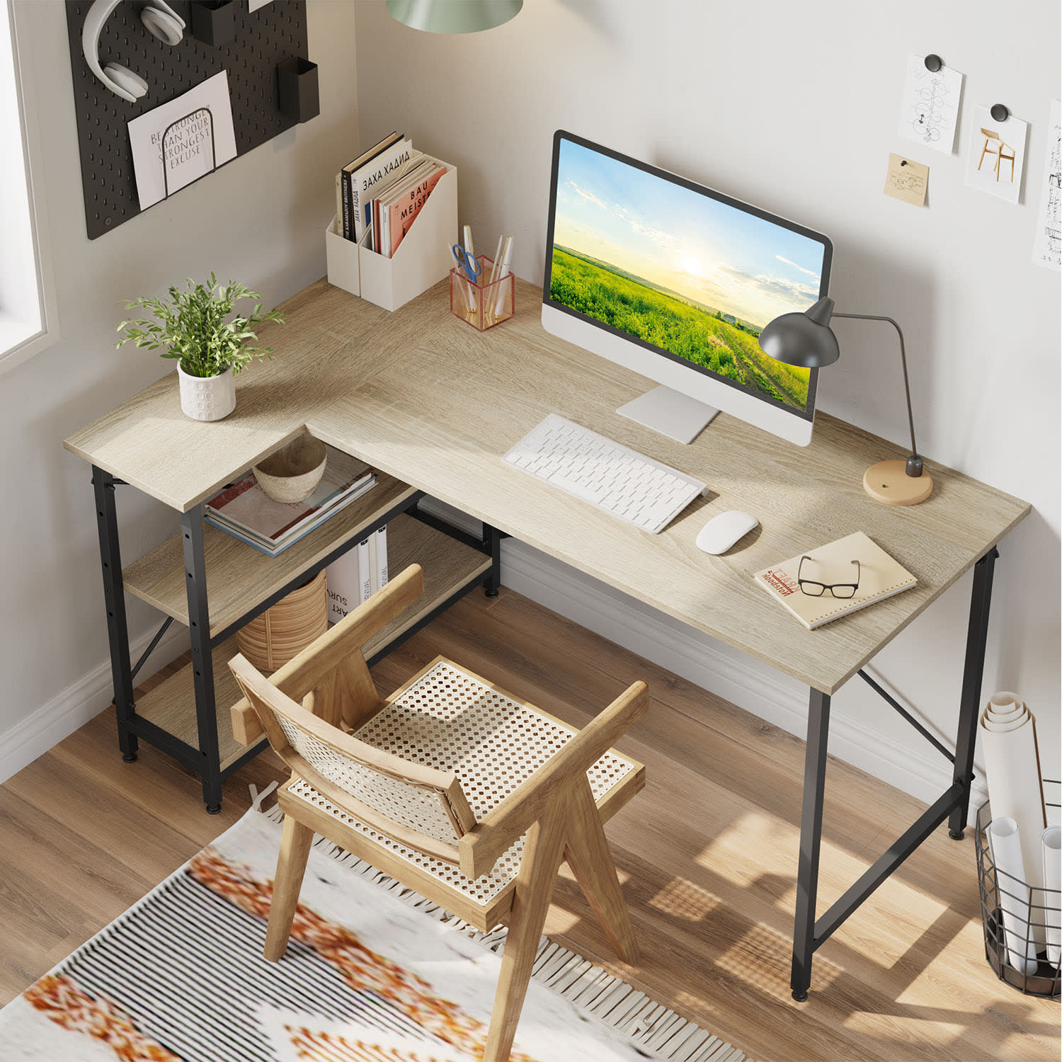 Bestier L-Shaped Corner Desk With Storage Shelf, 55inW, Light Oak - Image 6