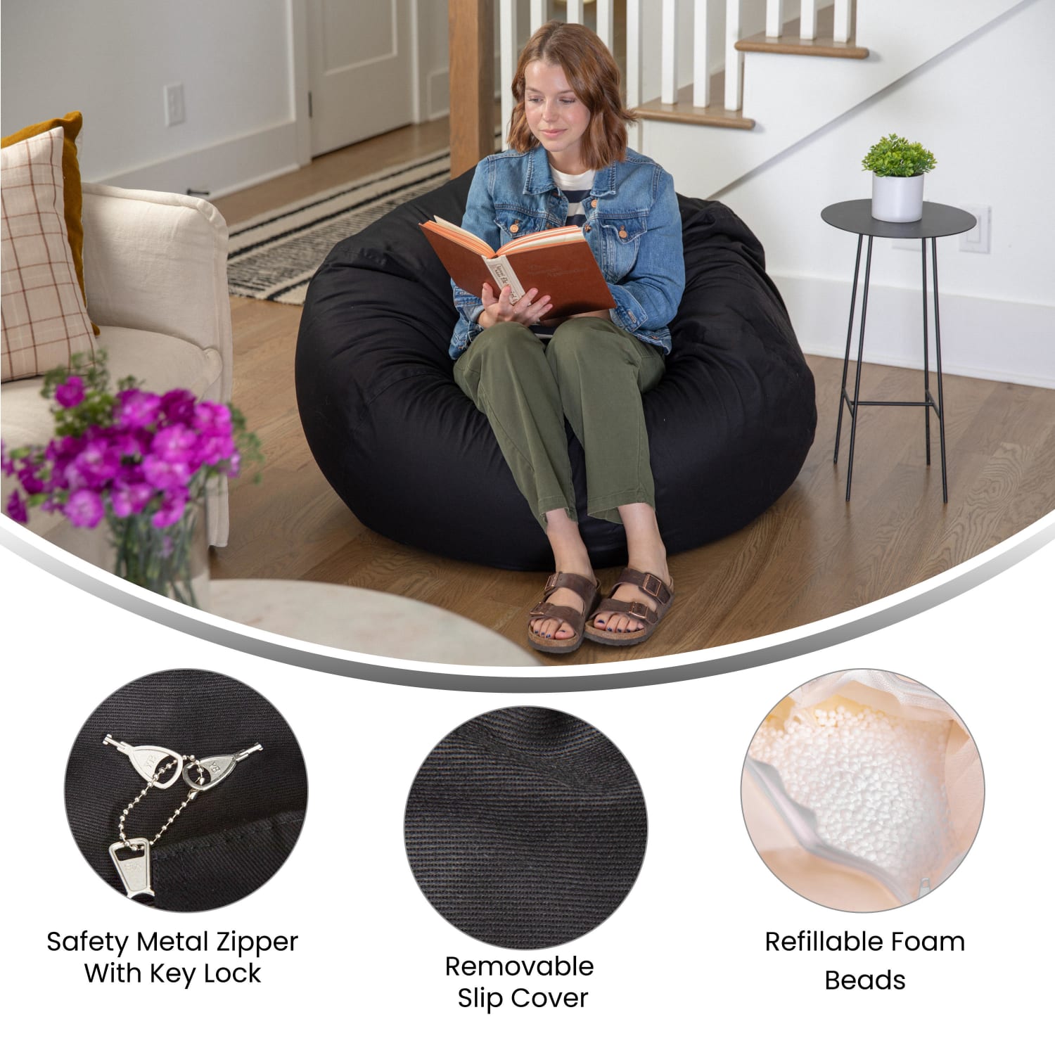 Flash Furniture Oversized Bean Bag Chair For Kids And Adults Black PopularChairscom