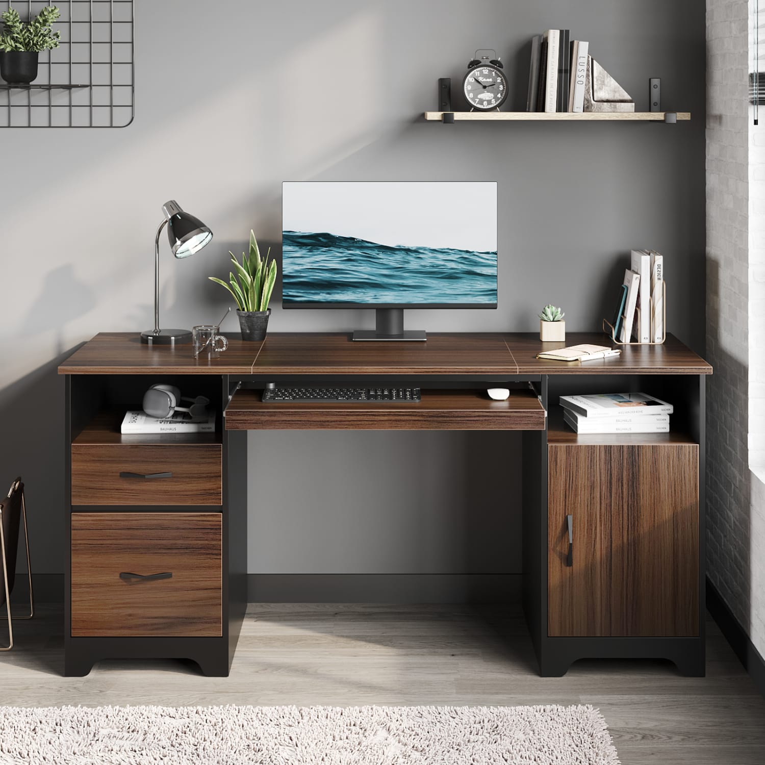 Bestier 59inW Executive Computer Desk With Open Storage & Cabinet, Cherry - Image 3