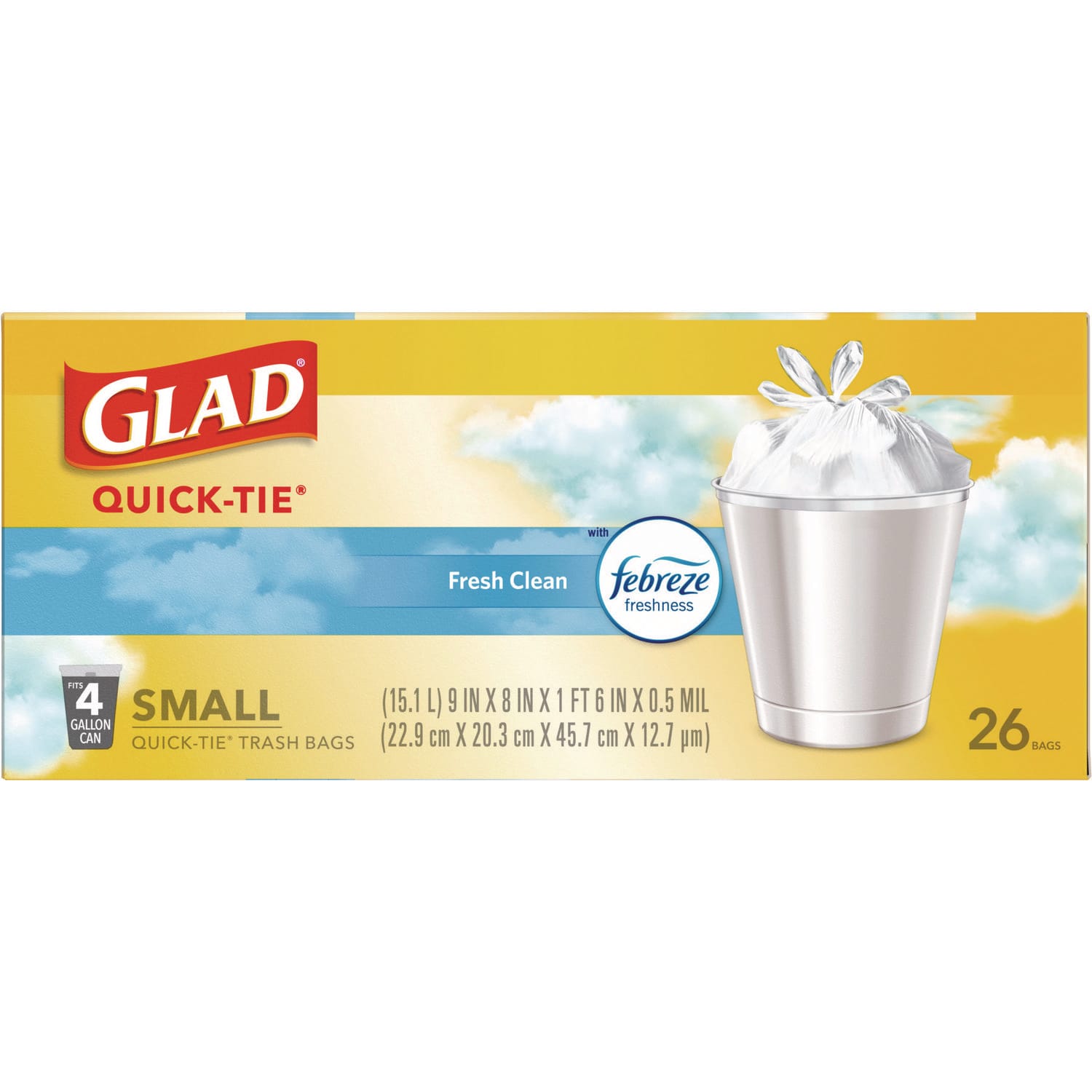 Glad OdorShield Quick-Tie Small Trash Bags, Tie-Flap, 4 gal, Febreze Fresh Clean Scent, 8 x 18, White, 26 Bags/Box, 6 Boxes/Carton - Image 3