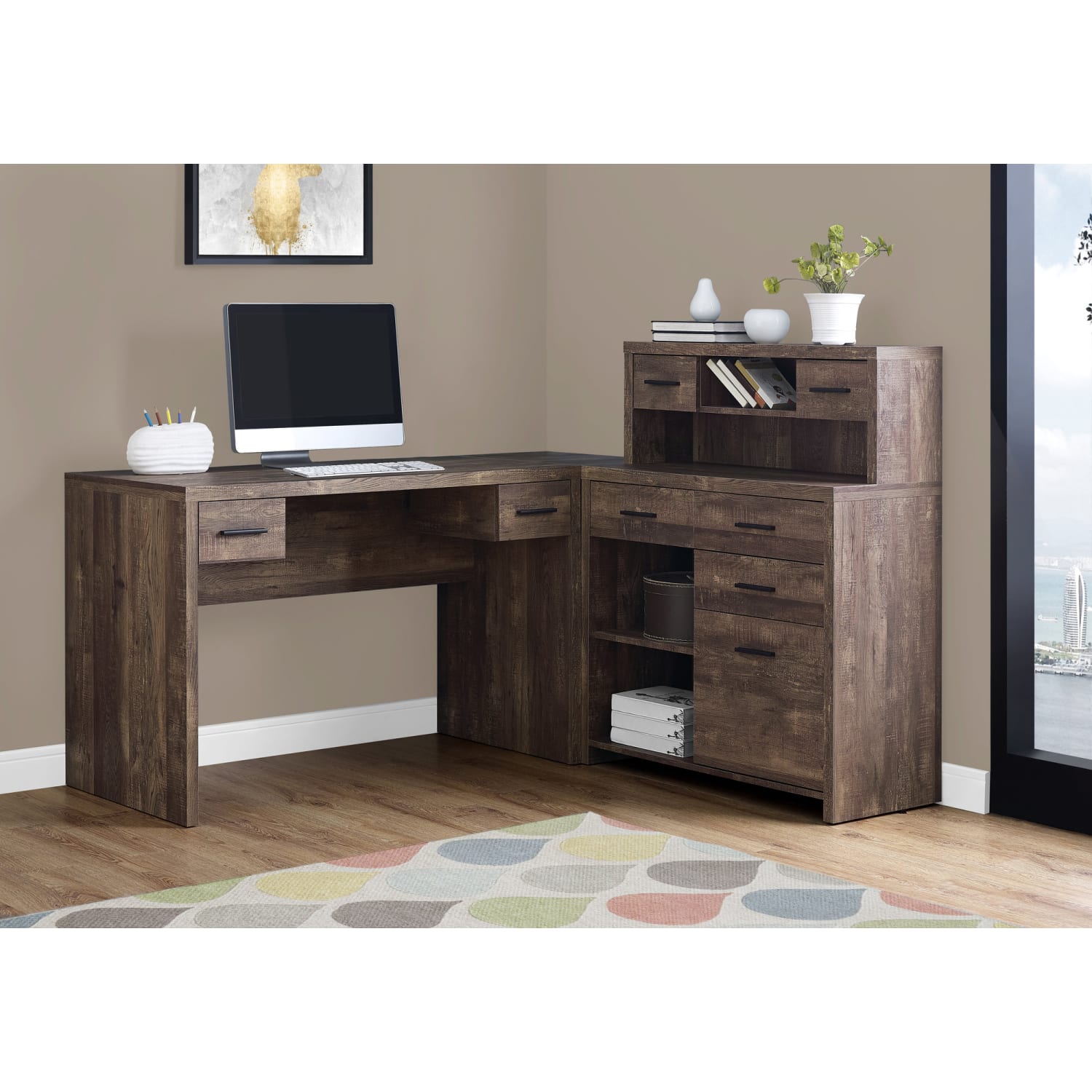 Monarch Specialties 63inW L-Shaped Corner Desk With Hutch, Brown Woodgrain - Image 3
