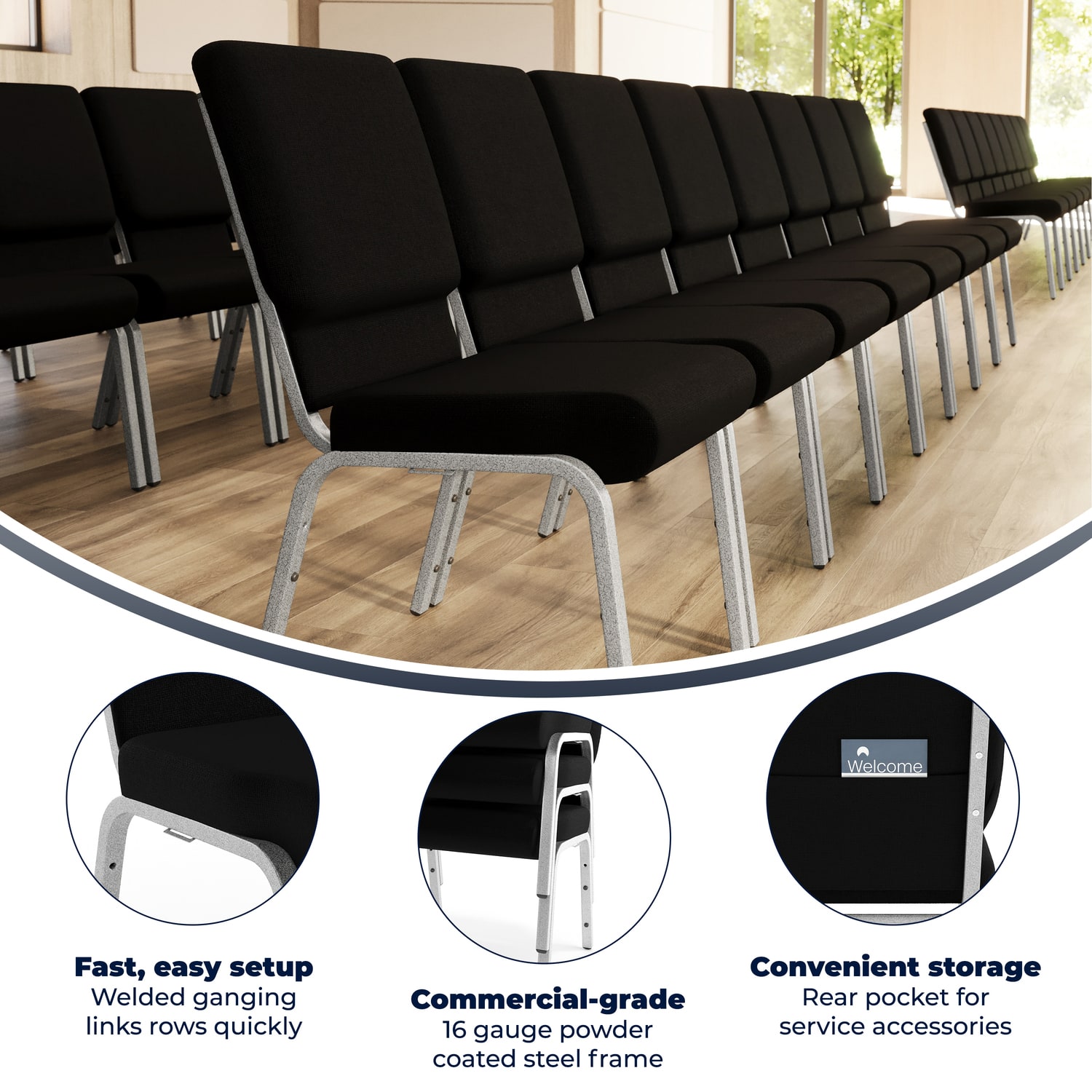 Flash HERCULES Series Church Padded Fabric Seat Foam Back Stacking Chair 17in Seat Width Black SeatSilver Frame Quantity 1 PopularChairscom