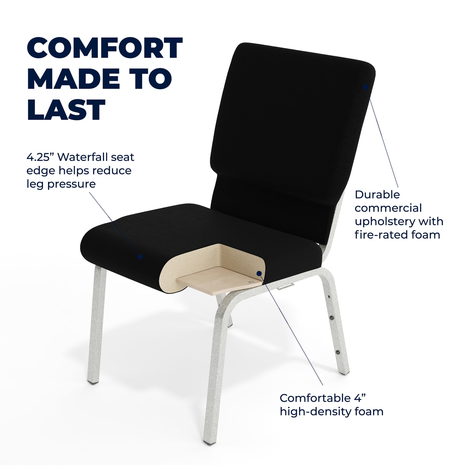 Flash HERCULES Series Church Padded Fabric Seat, Foam Back Stacking Chair, 17in Seat Width, Black Seat/Silver Frame, Quantity: 1 - Image 4