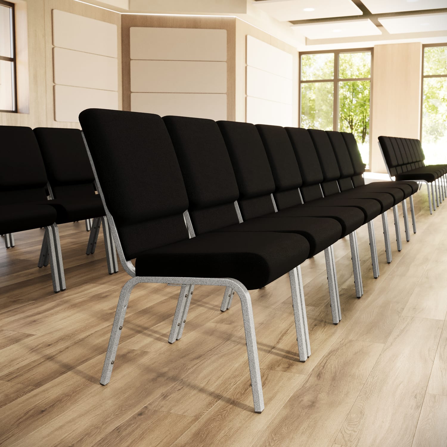 Flash HERCULES Series Church Padded Fabric Seat, Foam Back Stacking Chair, 17in Seat Width, Black Seat/Silver Frame, Quantity: 1 - Image 5