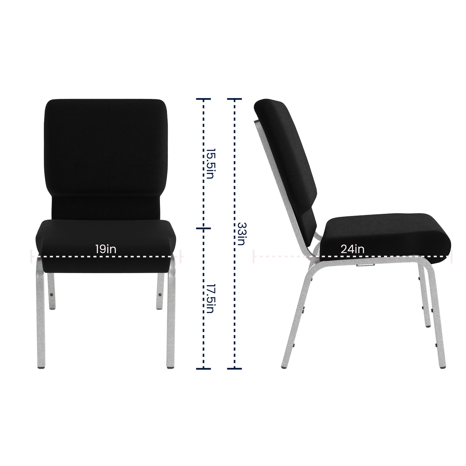 Flash HERCULES Series Church Padded Fabric Seat, Foam Back Stacking Chair, 17in Seat Width, Black Seat/Silver Frame, Quantity: 1 - Image 7