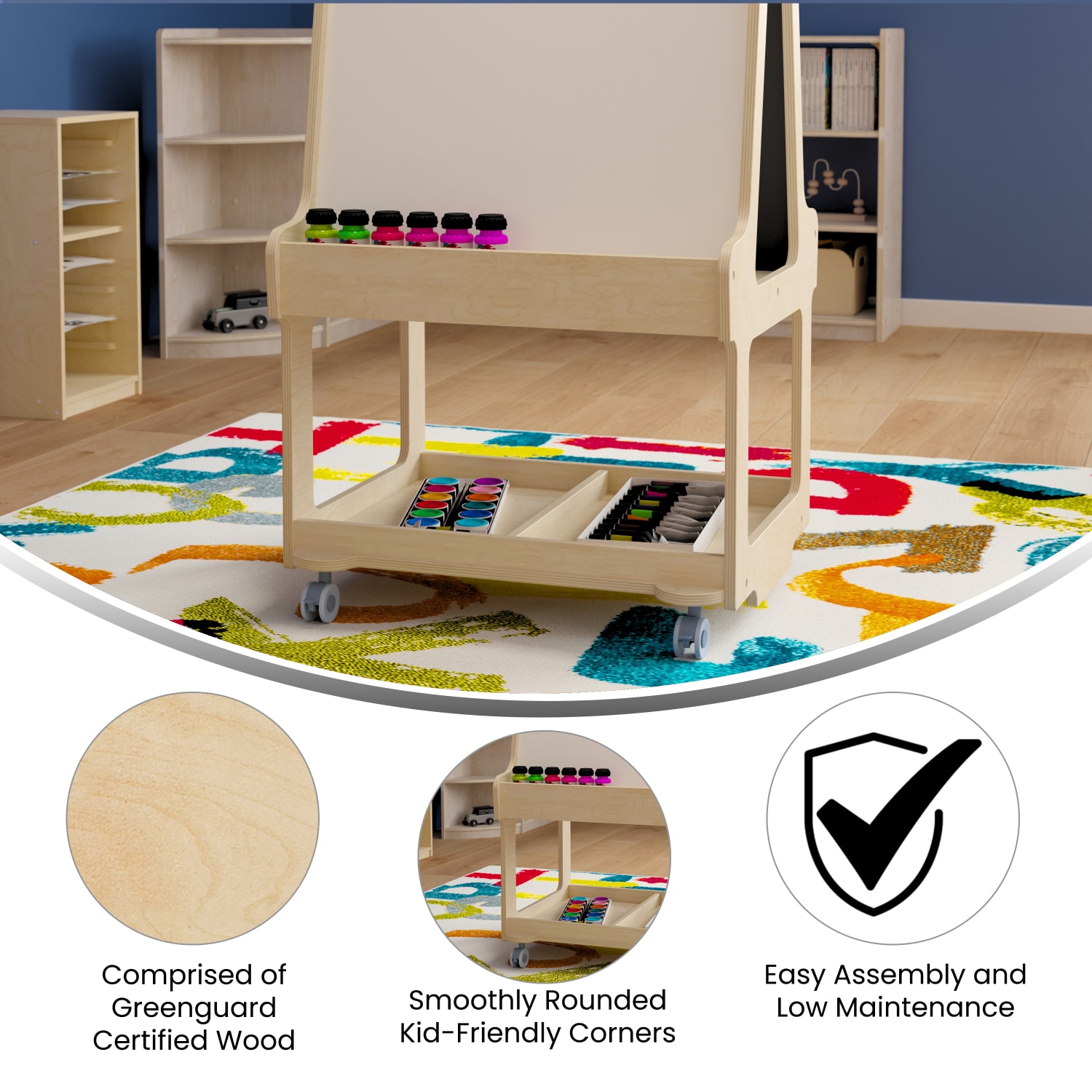 Flash Furniture Bright Beginnings Commercial Wood Dual-Sided Mobile 2-Person Art Station with Locking Caster Wheels And Bottom Shelf Storage, 48-1/4inH x 24-1/2inW x 22inD, Beech - Image 5