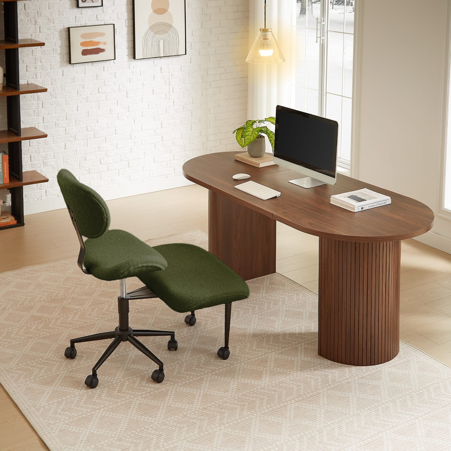 Pinmoco 2-Tier Cross-Legged Ergonomic Textured Fabric Modern Armless Office Chair, Green - Image 5