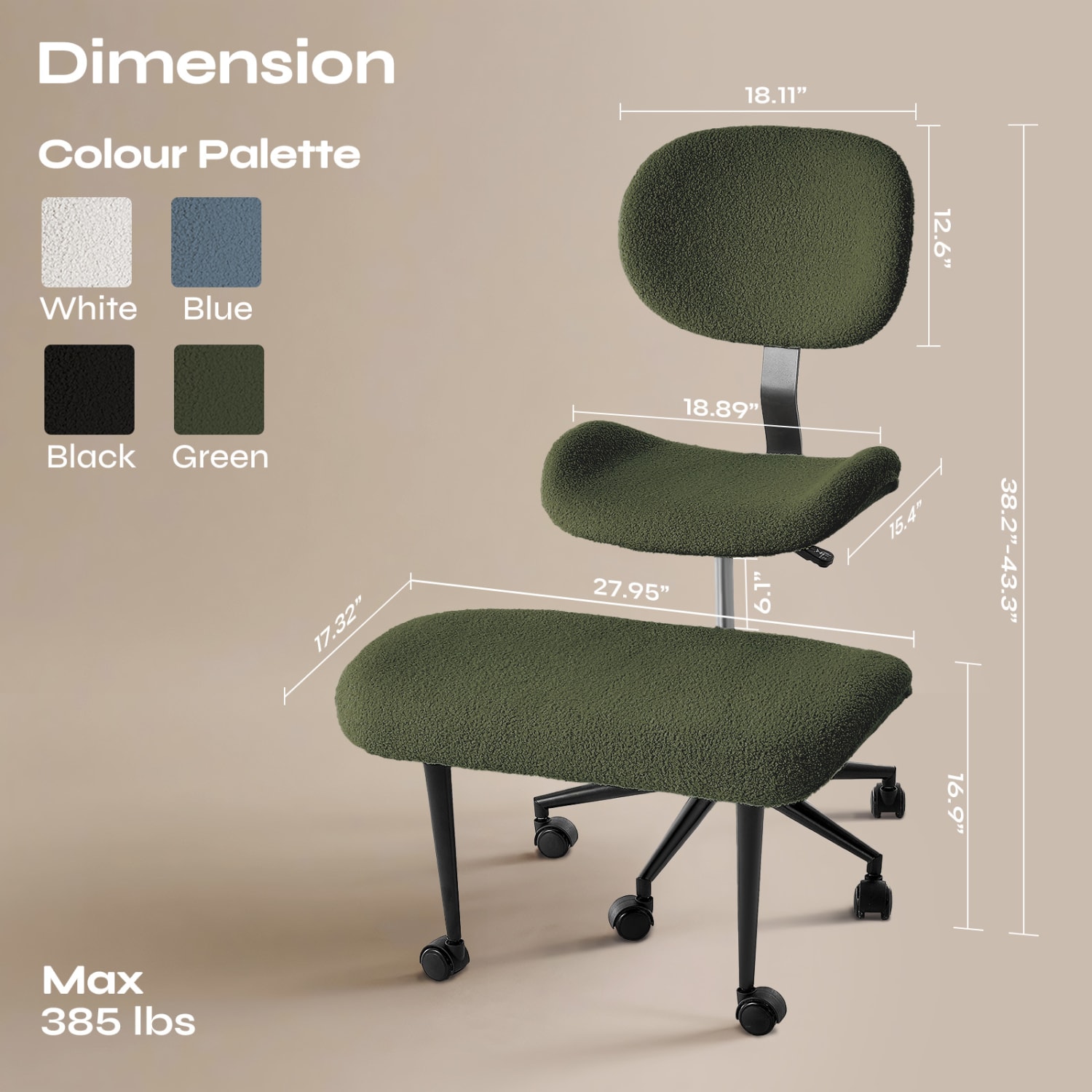 Pinmoco 2-Tier Cross-Legged Ergonomic Textured Fabric Modern Armless Office Chair, Green - Image 6