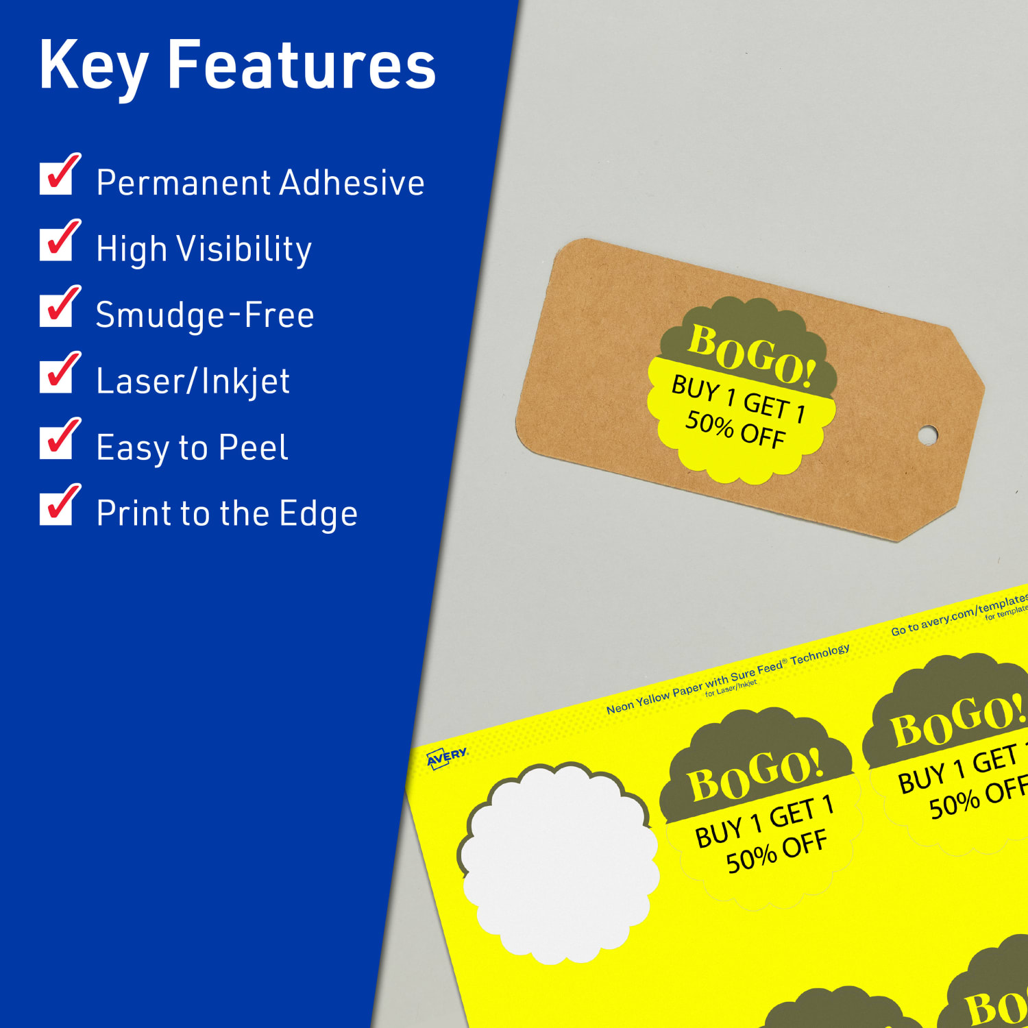 Avery Print-To-The-Edge Labels With Sure Feed Technology, 94516-NYP40, Round Scalloped, 2-1/2in, Matte Neon Yellow, Pack of 360 - Image 3