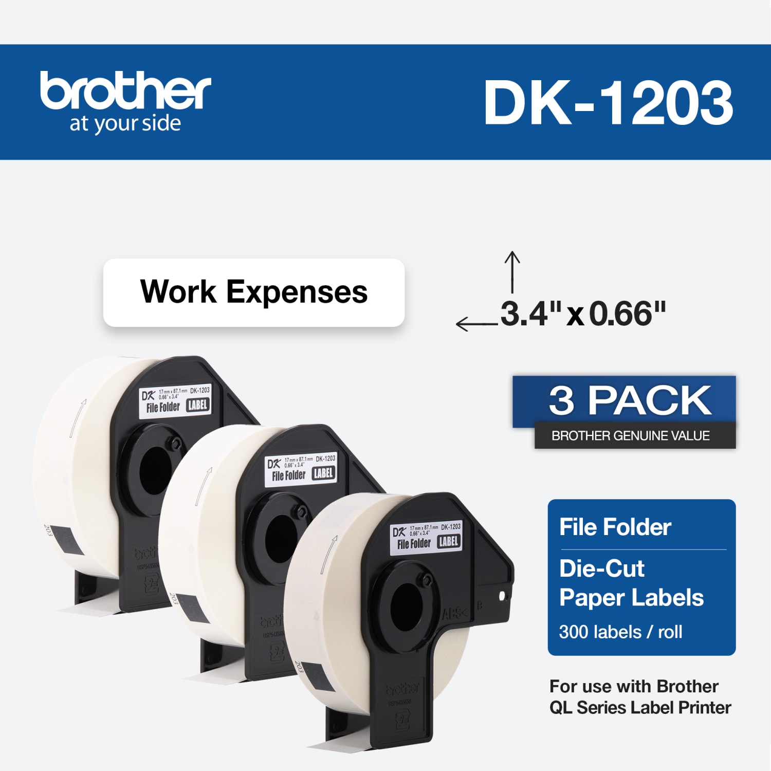 Brother Genuine DK-12033PK Die-Cut File Folder Labels, 3-7/16in x 11/16in, White, 300 Labels Per Roll, Box Of 3 Rolls - Image 3