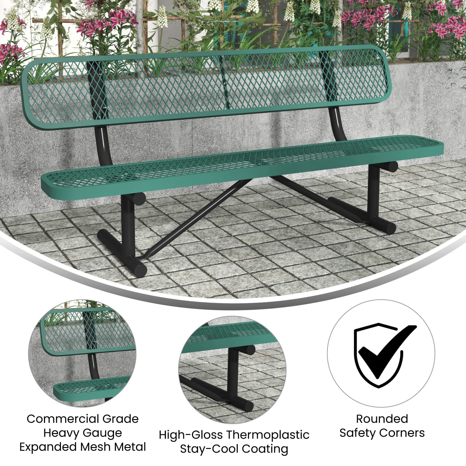 Flash Furniture Sigrid Outdoor Bench with Backrest, Commercial Grade Expanded Metal Mesh Seat and Backrest and Steel Frame with Ground Anchors, Green - Image 4