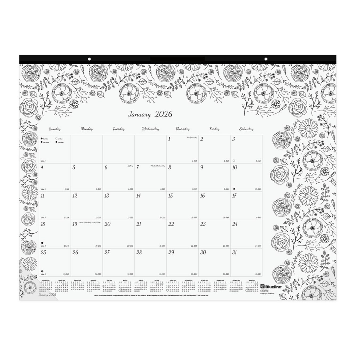 2026 Blueline DoodlePlan Monthly Desk Pad Coloring Calendar, 22in x 17in, Motif, January To December, C2917311