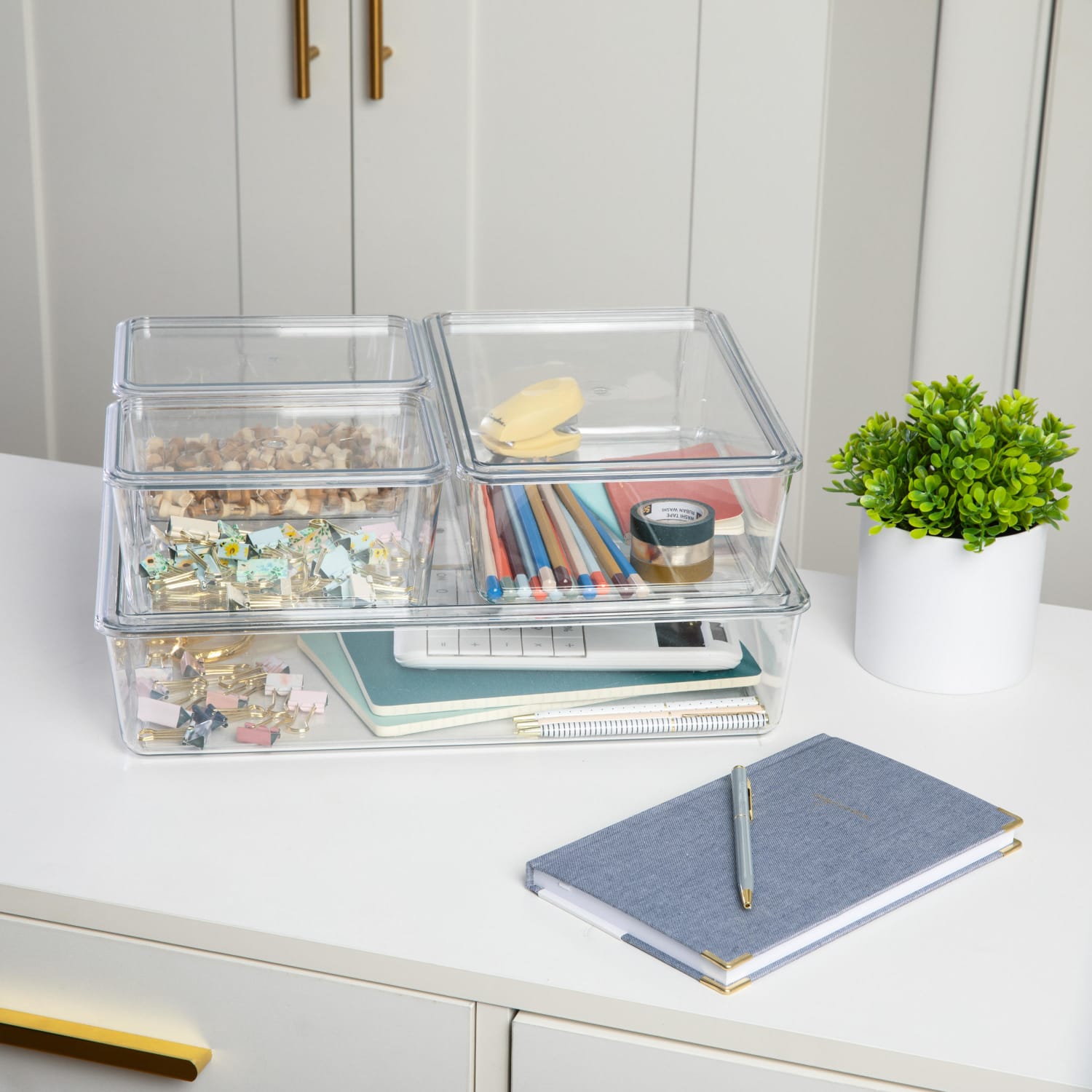 Martha Stewart Brody Stackable Plastic Storage Boxes With Lids, 3-1/4inH x 14inW x 10-1/2inD, Clear, Set Of 4 Boxes - Image 3