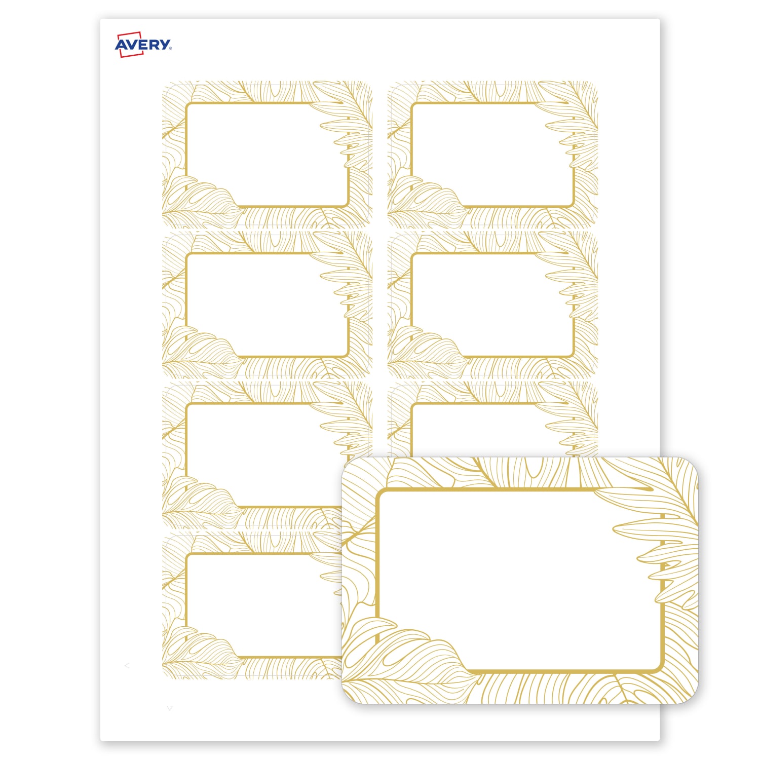 Avery Printable Adhesive Name Badges/Preprinted Designs, Rectangle, S00-EW8, 2-1/3in x 3-3/8in, Matte White/Gold Monstera Leaves, Pack Of 80 - Image 3