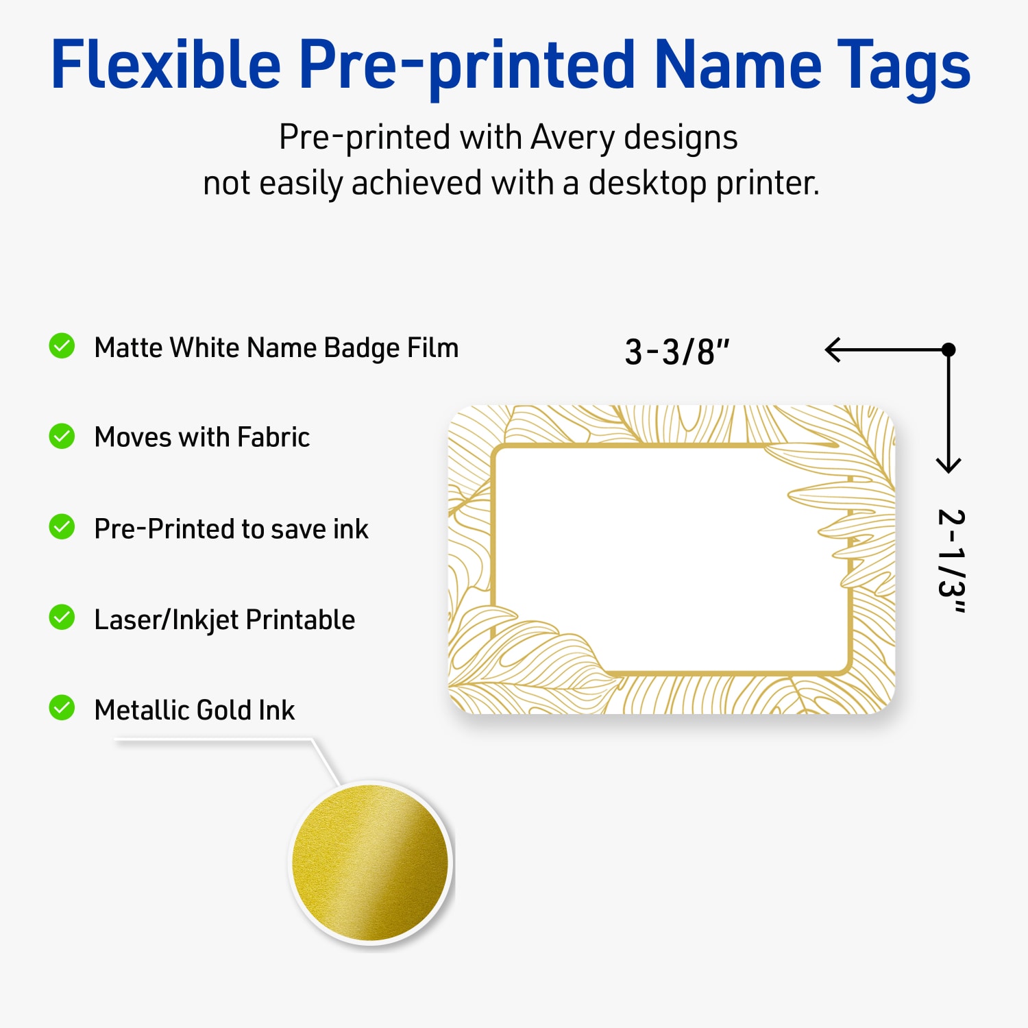 Avery Printable Adhesive Name Badges/Preprinted Designs, Rectangle, S00-EW8, 2-1/3in x 3-3/8in, Matte White/Gold Monstera Leaves, Pack Of 80 - Image 4